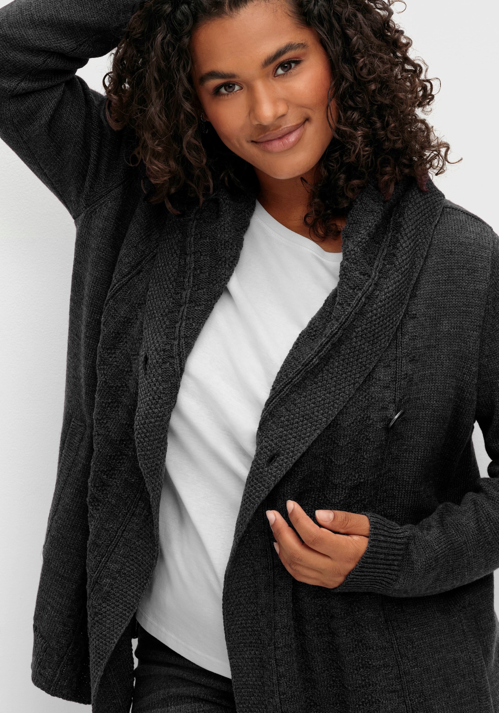 sheego by Joe Browns Kapuzenstrickjacke mit Knopf - anthrazit