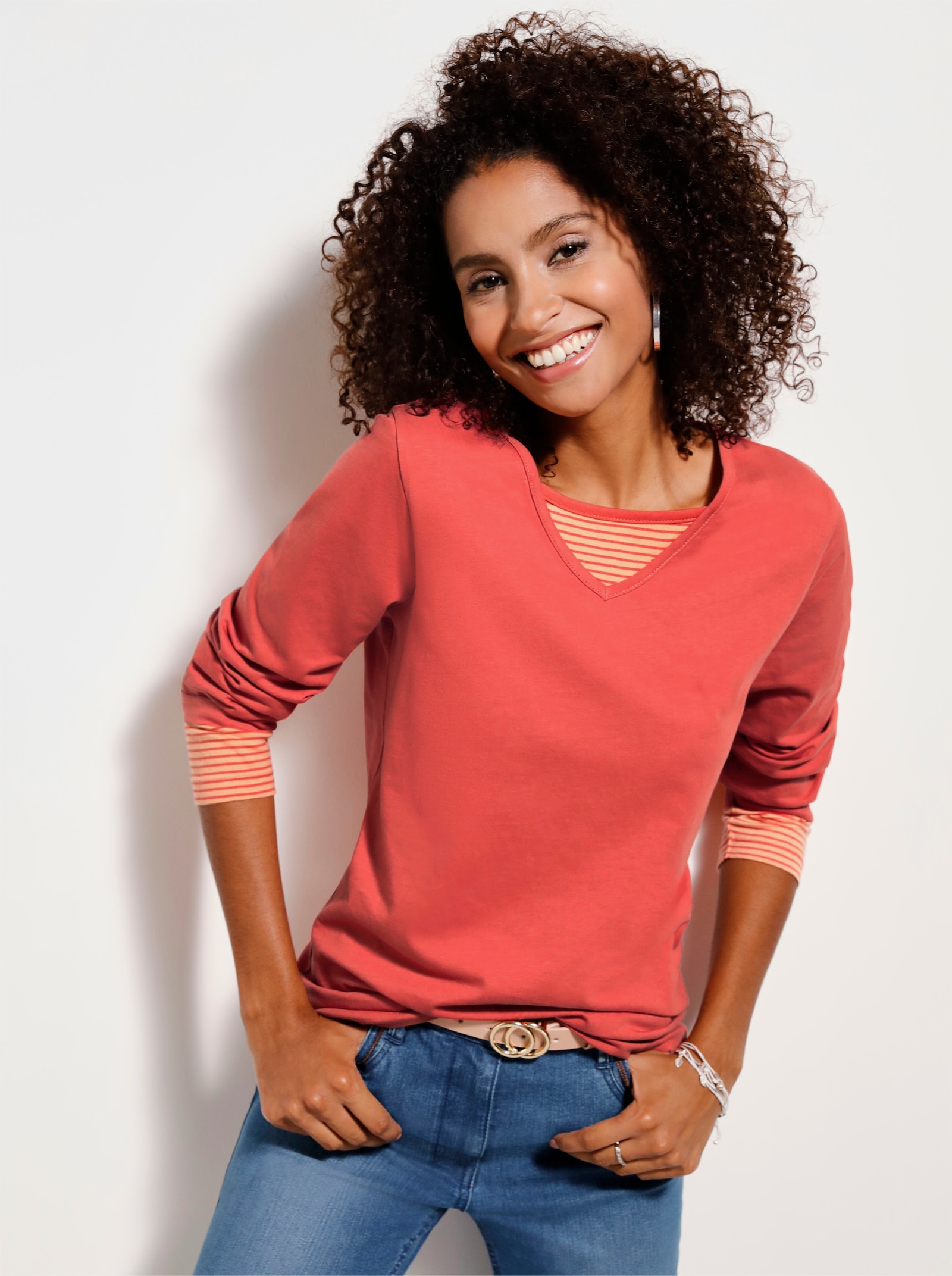 Shirt met lange mouwen en in het garen geverfde strepen - terracotta