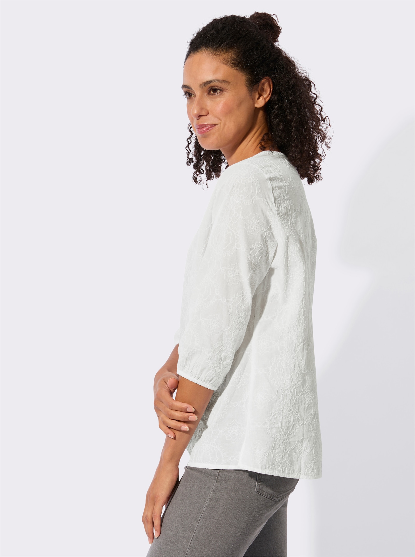 Impressionen Baumwollbluse mit Ton-in-Ton-Stickerei - weiß