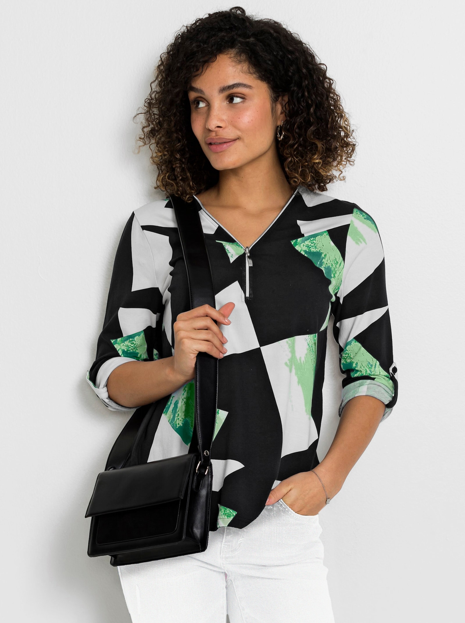 Shirt met opstroopbare mouwen - zwart/appelgroen gedessineerd