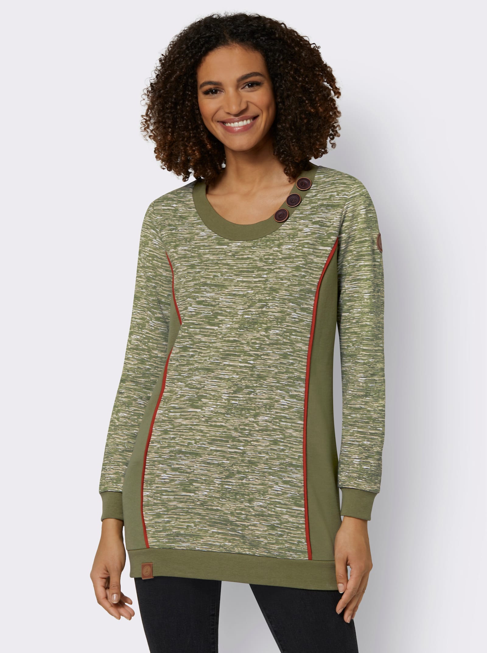 Sweatshirt in Longform - olive-weiss-meliert