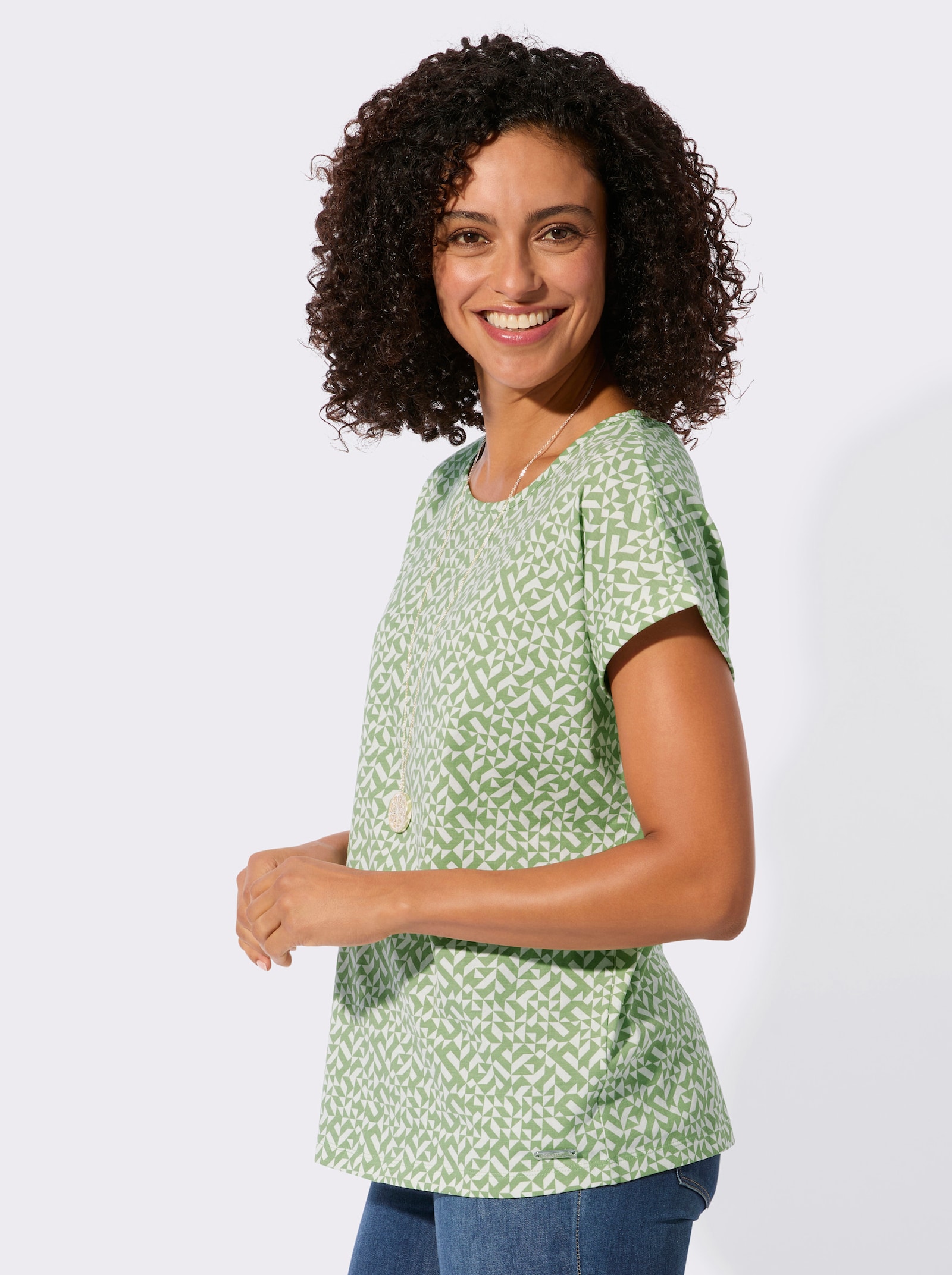 Print-Shirt mit paspeliertem Ausschnitt - eucalyptus-ecru