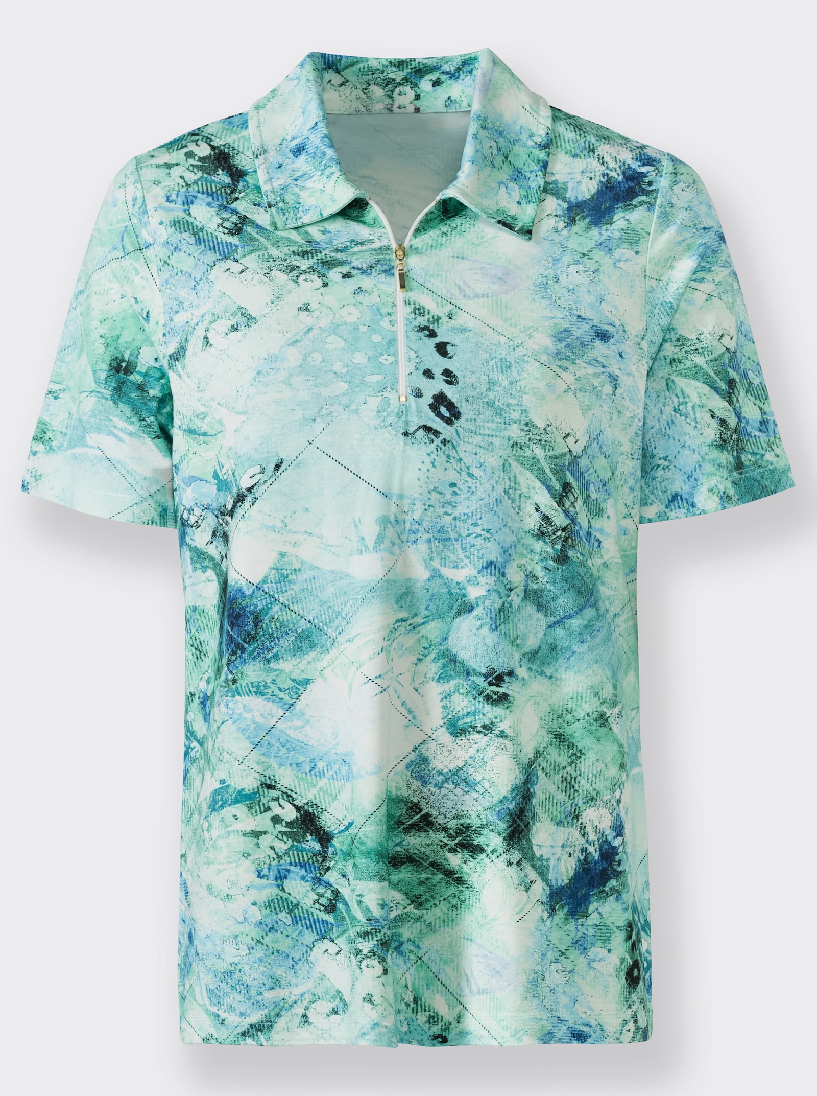 Poloshirt mit goldfarbenem Zipper - mint-jeansblau-bedruckt