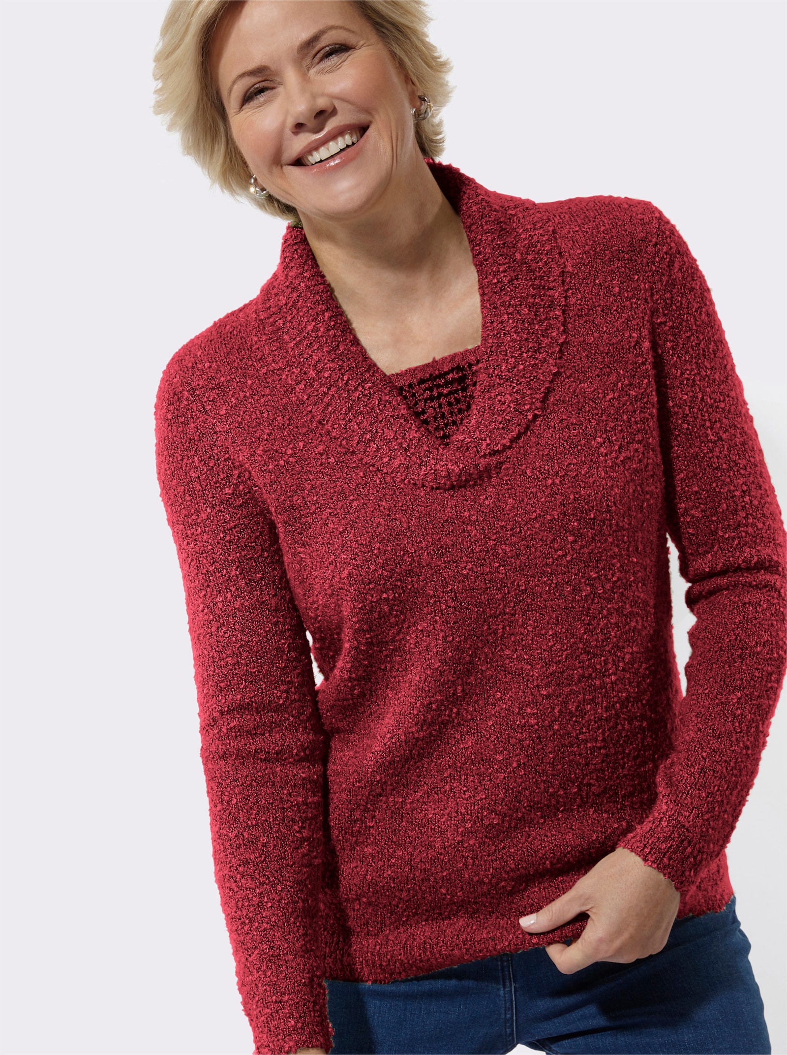 Pullover in 2-in-1-Optik mit Schalkragen - kirsche
