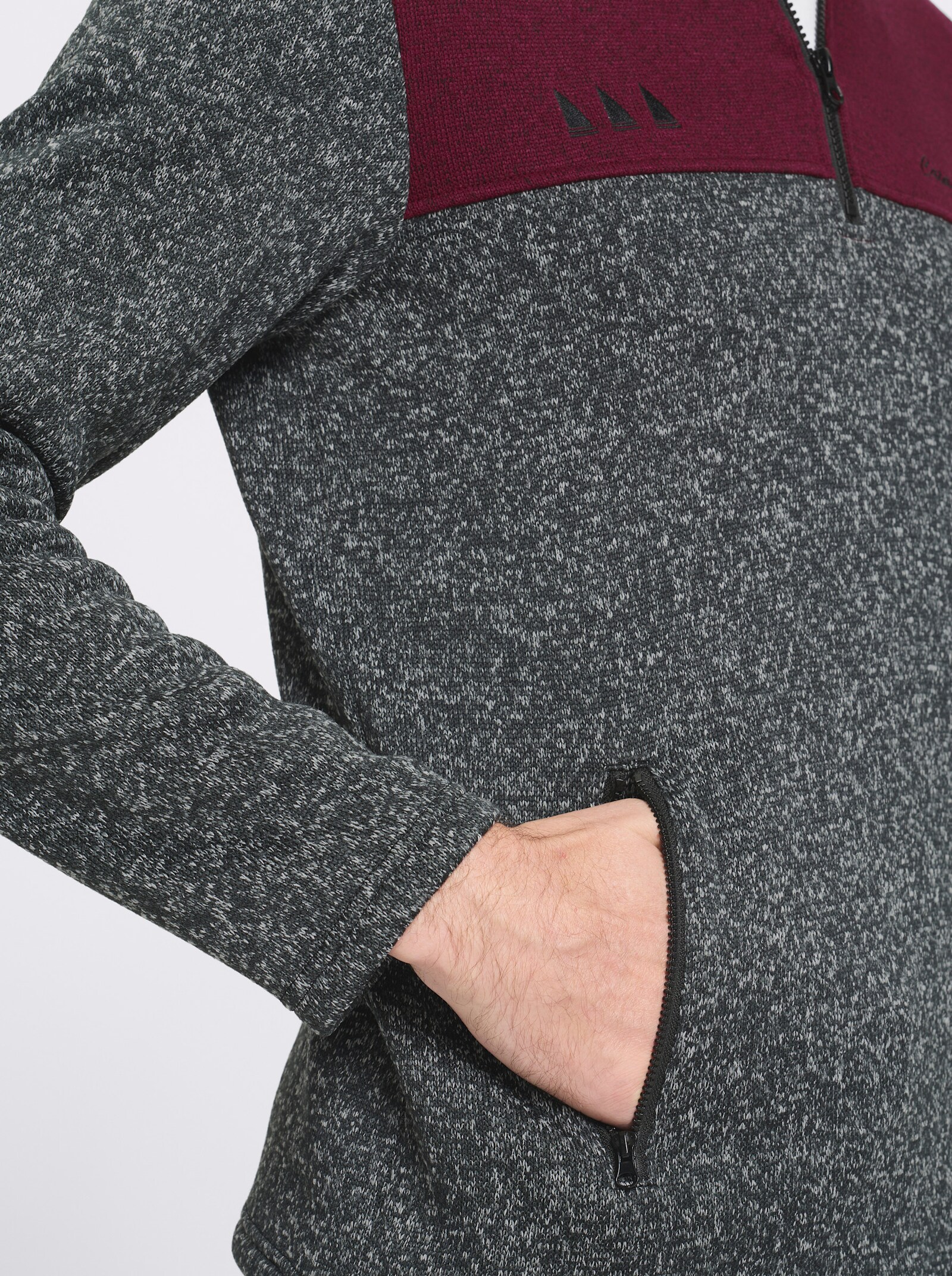 Catamaran Strickfleece-Pullover mit Stickerei - schwarz-bordeaux-meliert