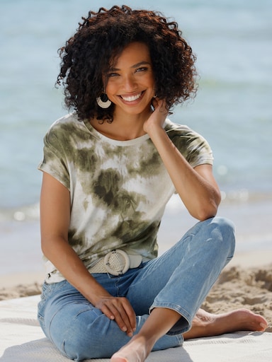 heine Kurzarmshirt - khaki-ecru-bedruckt