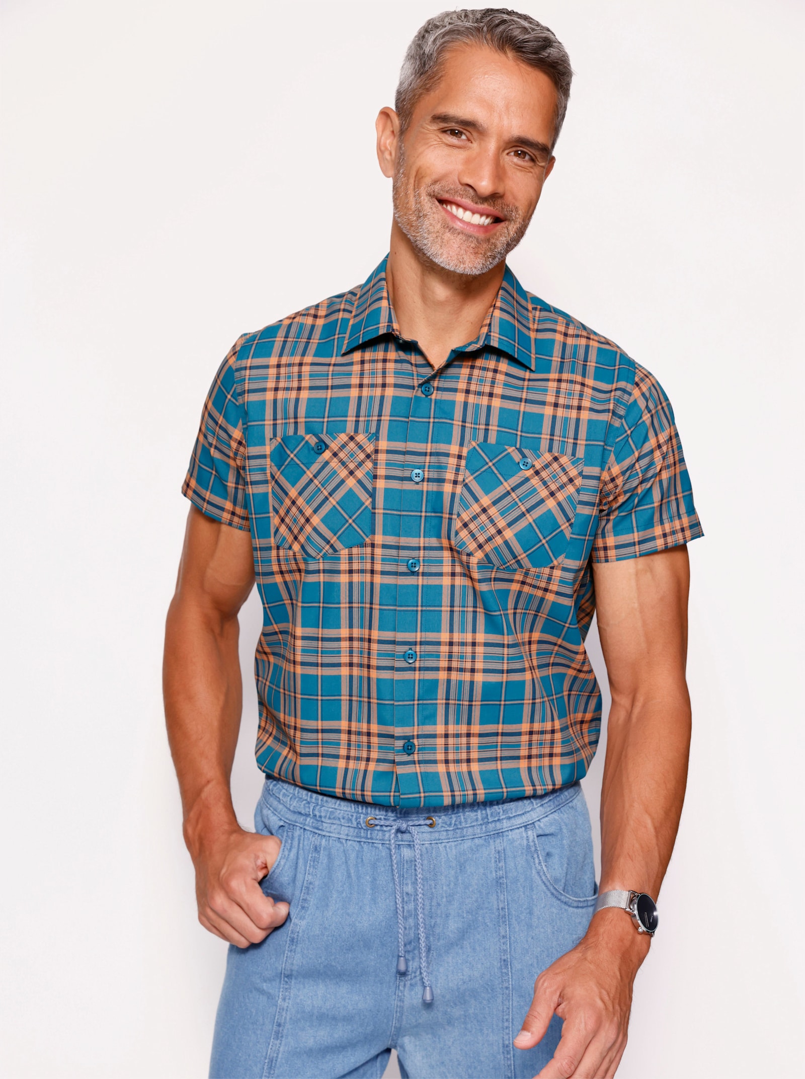 Kurzarmhemd mit Brusttaschen - topas-grau-kariert