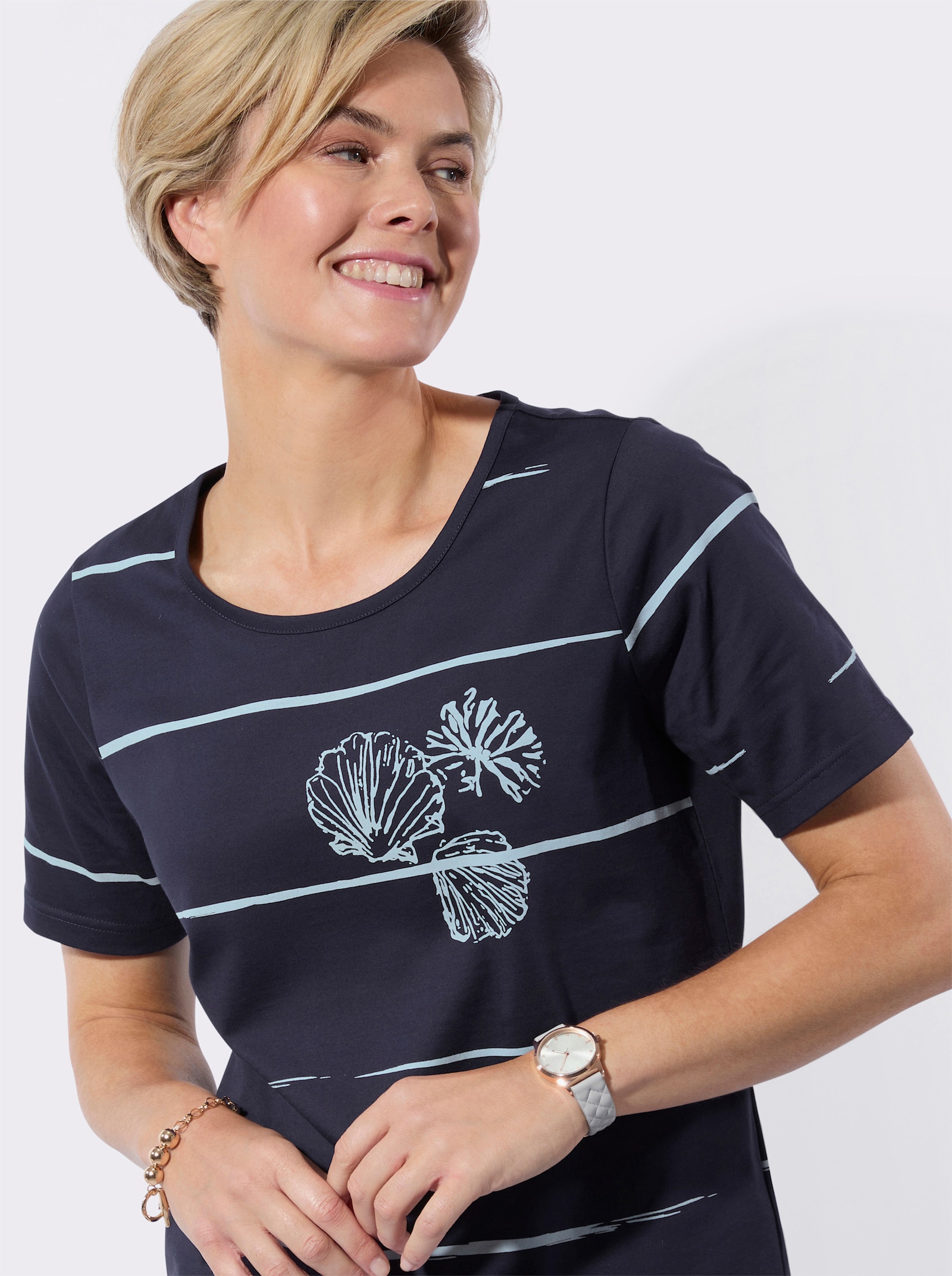 Kurzarmshirt - marine-hellblau-bedruckt