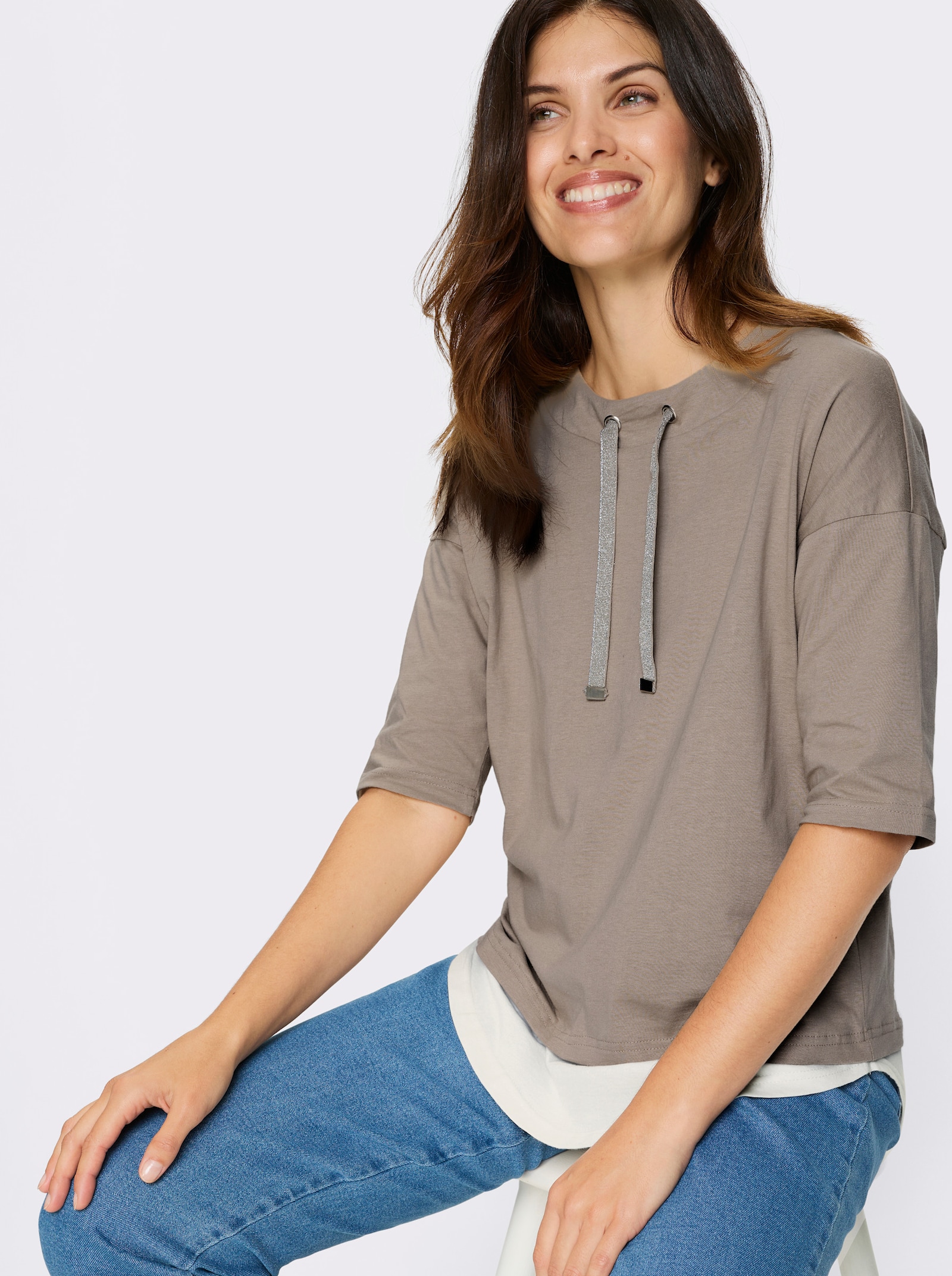 Shirt met korte mouwen in 2-in-1-look - sesam/ecru