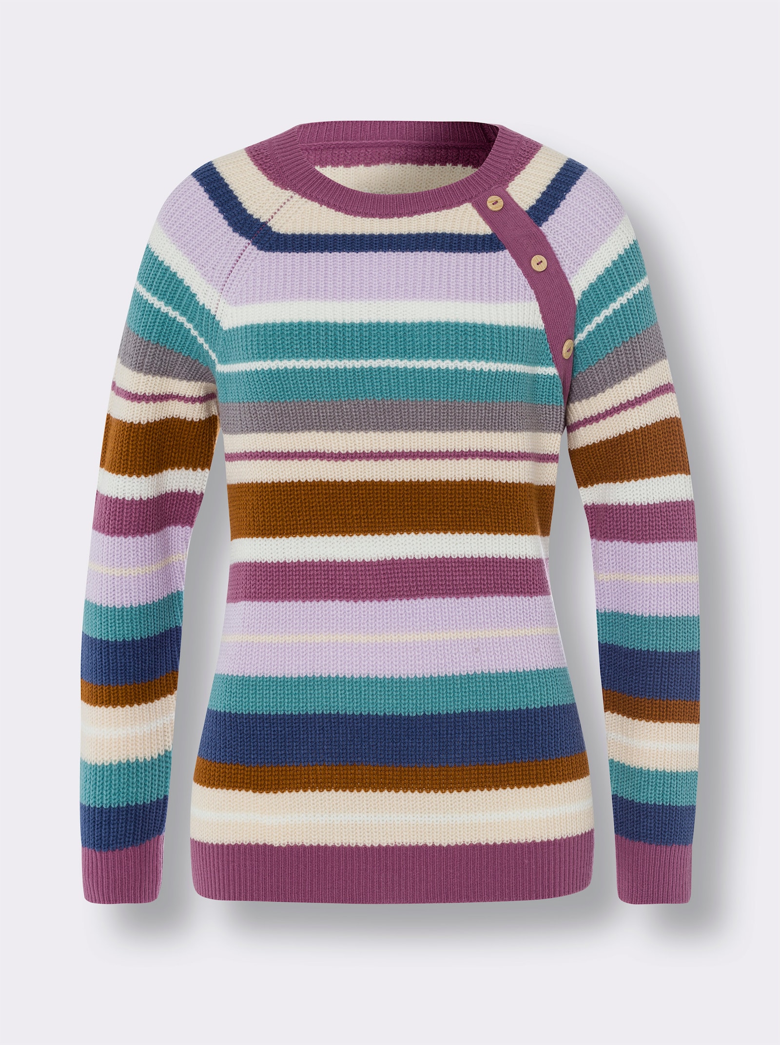 Langarm-Pullover in Ripp-Optik - jeansblau-violett-gestreift