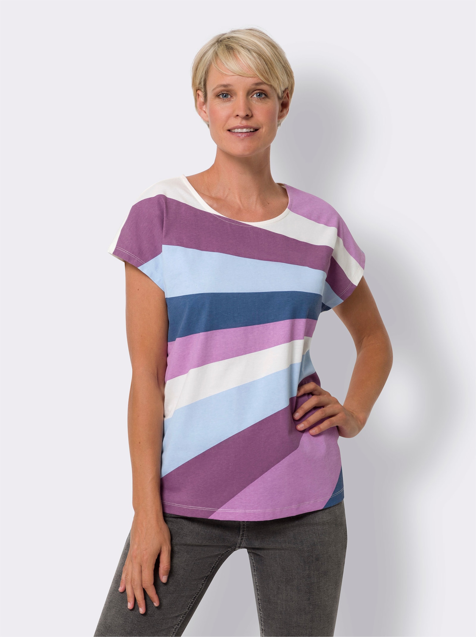 Topp m. rund hals, randigt tryck - ecru-orkidé, med tryck