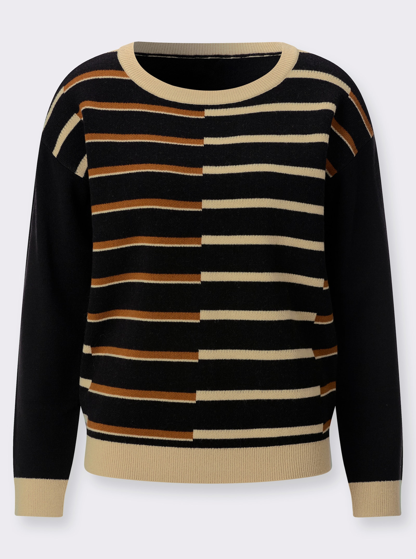 Rundhalspullover mit Jacquard-Streifen-Muster - schwarz-cognac-gemustert