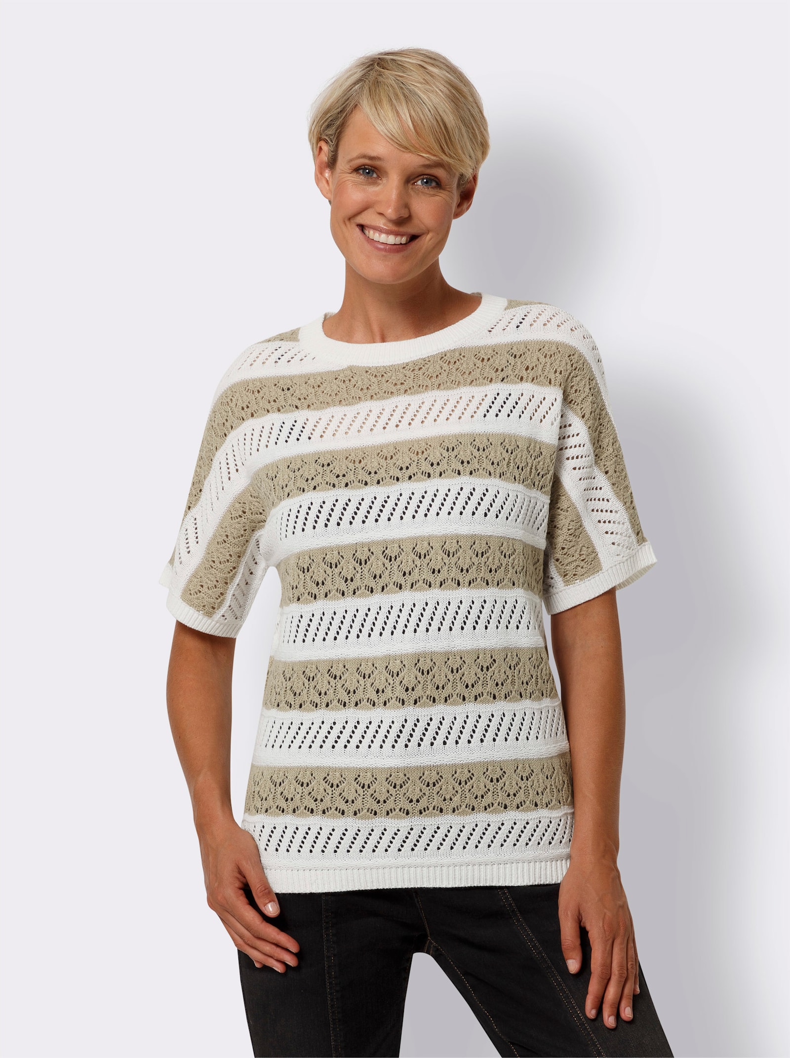 Ažúrový pulóver, pruhy - Sez.-svlb.