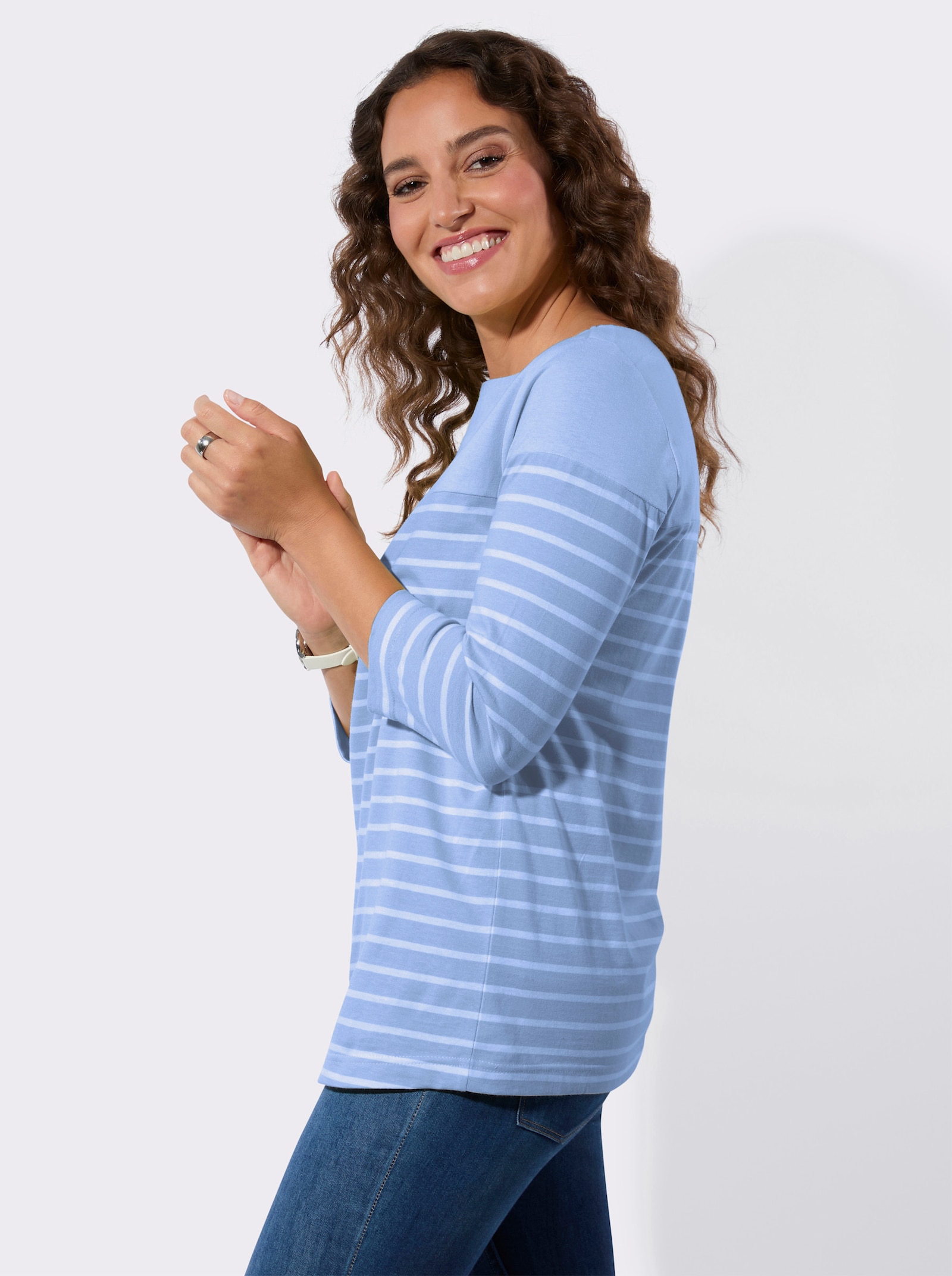 Ringelshirt mit 3/4 Ärmeln - eisblau-ecru-geringelt