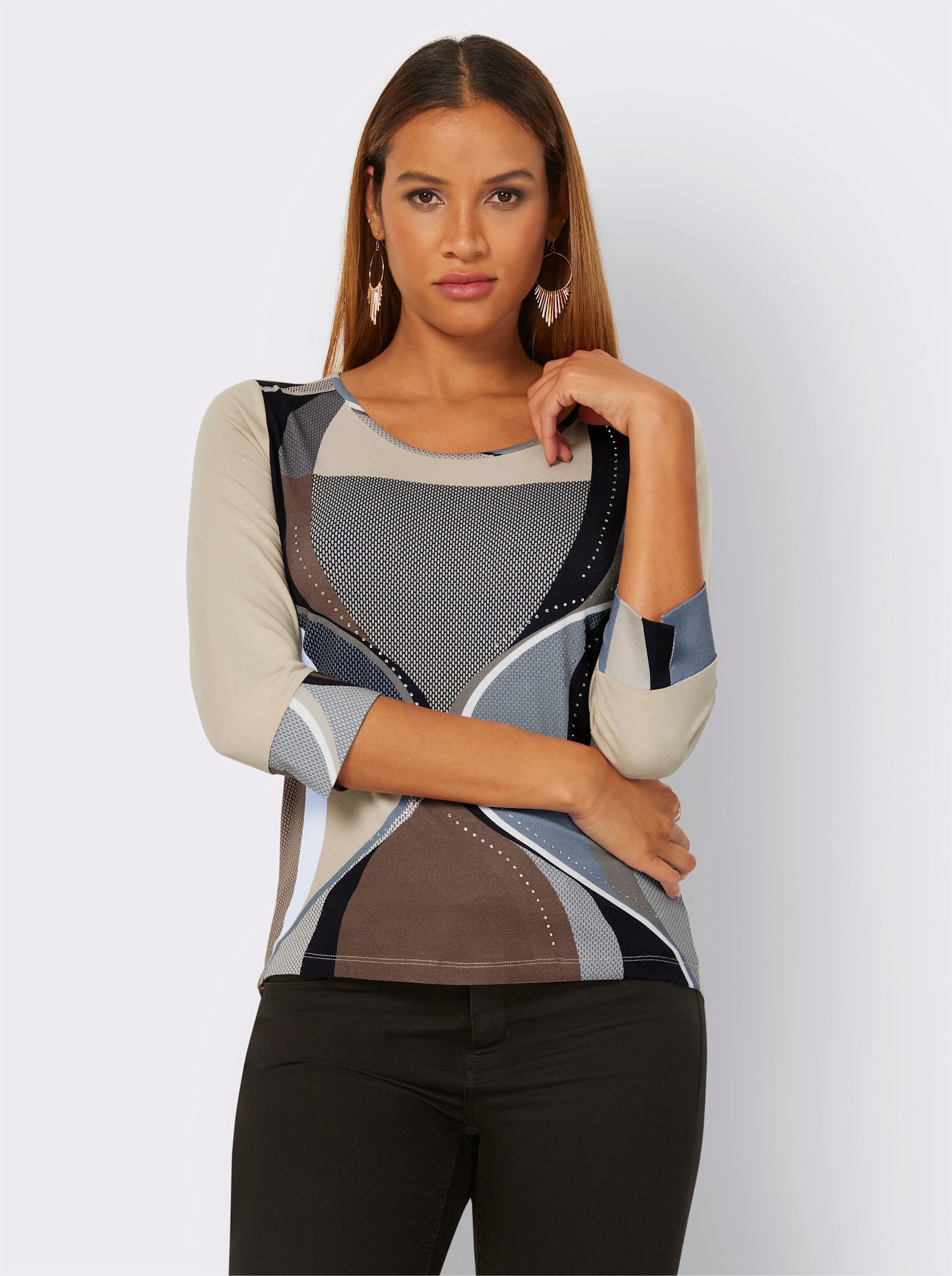 3/4-Arm-Shirt mit Glitzersteinchen - marine-mittelblau-bedruckt