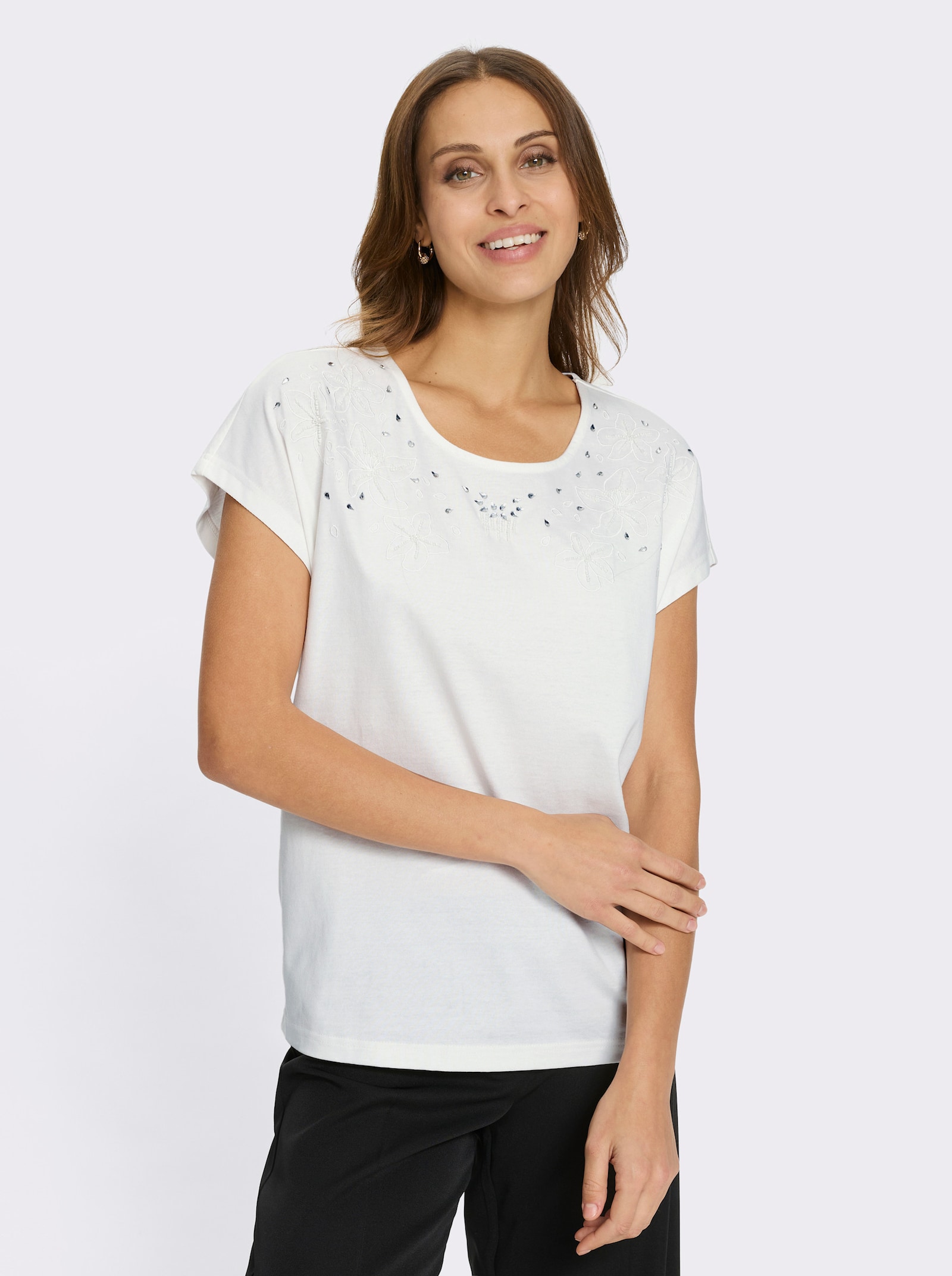 Rundhalsshirt mit Zierperlen und Glitzersteinchen - ecru