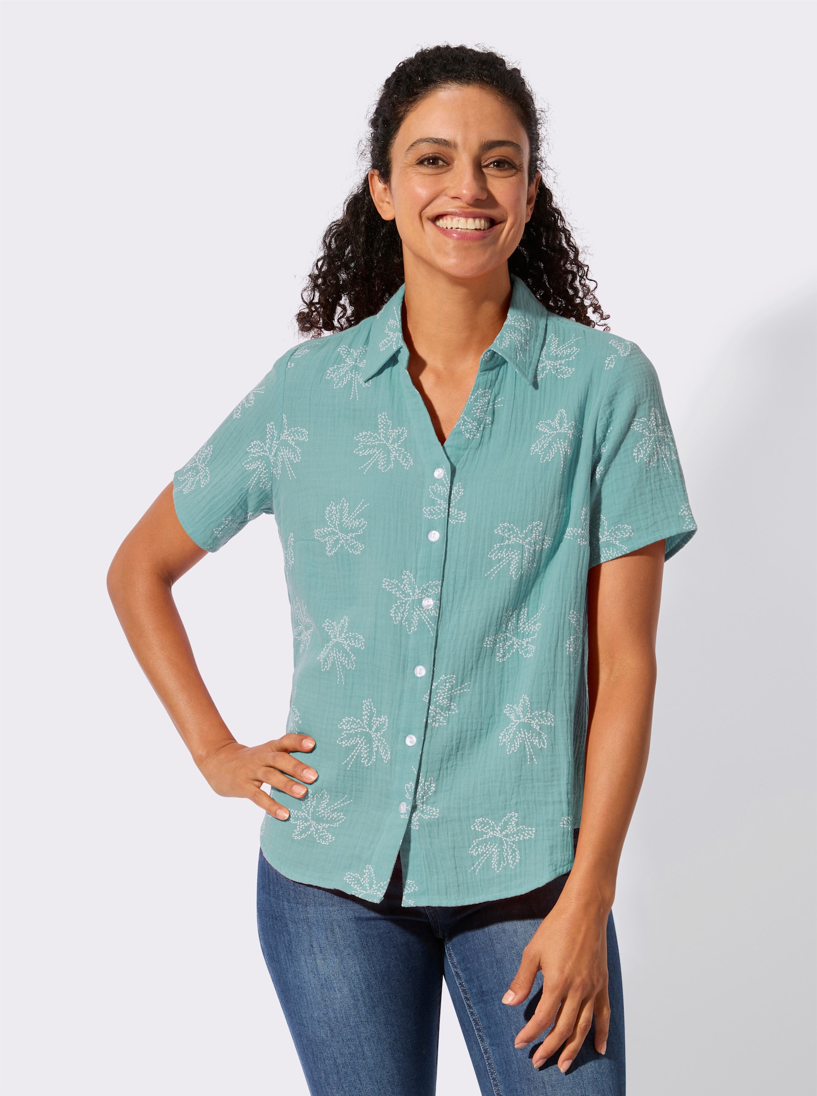 Baumwollbluse mit Palmen-Print - salbei-ecru