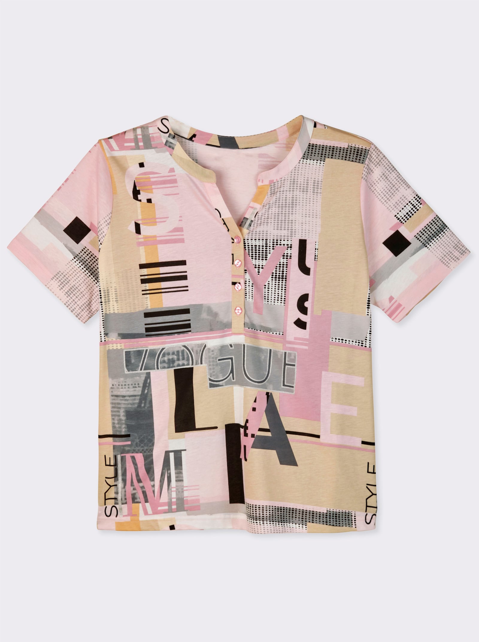Kurzarmshirt im Baumwoll-Modal-Mix - hortensie-sand-bedruckt
