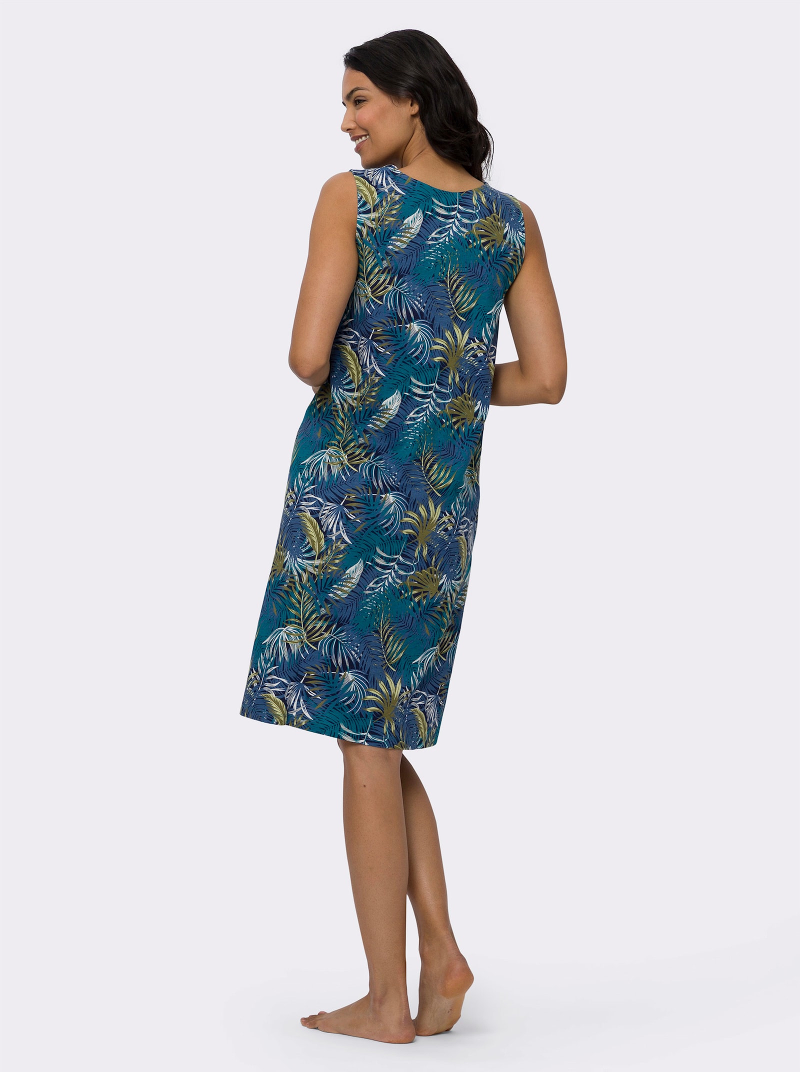 Sommerkleid mit einem langen Seitenschlitz - jeansblau-aquapetrol-bedruckt