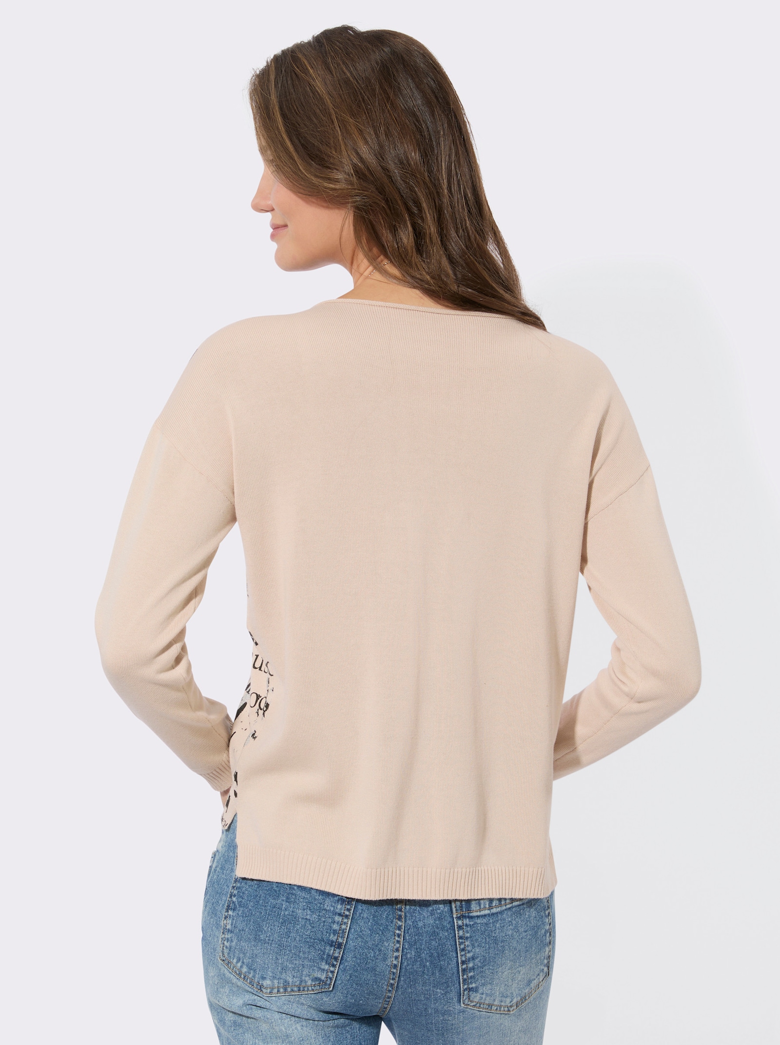 Langarm-Pullover in Oversize-Form - elfenbein-schwarz-bedruckt