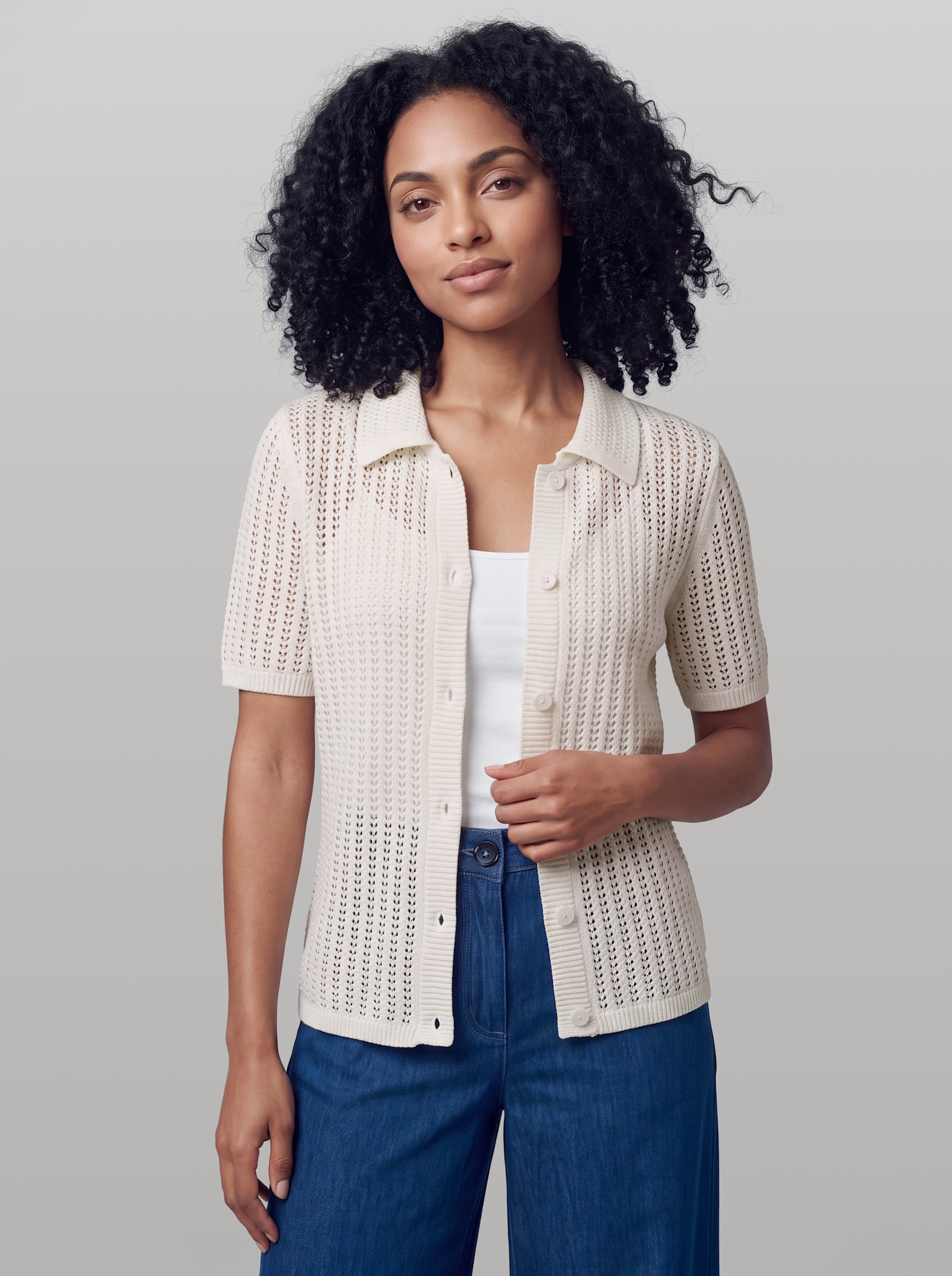 heine Ajourstrickjacke mit Hemdkragen - ecru