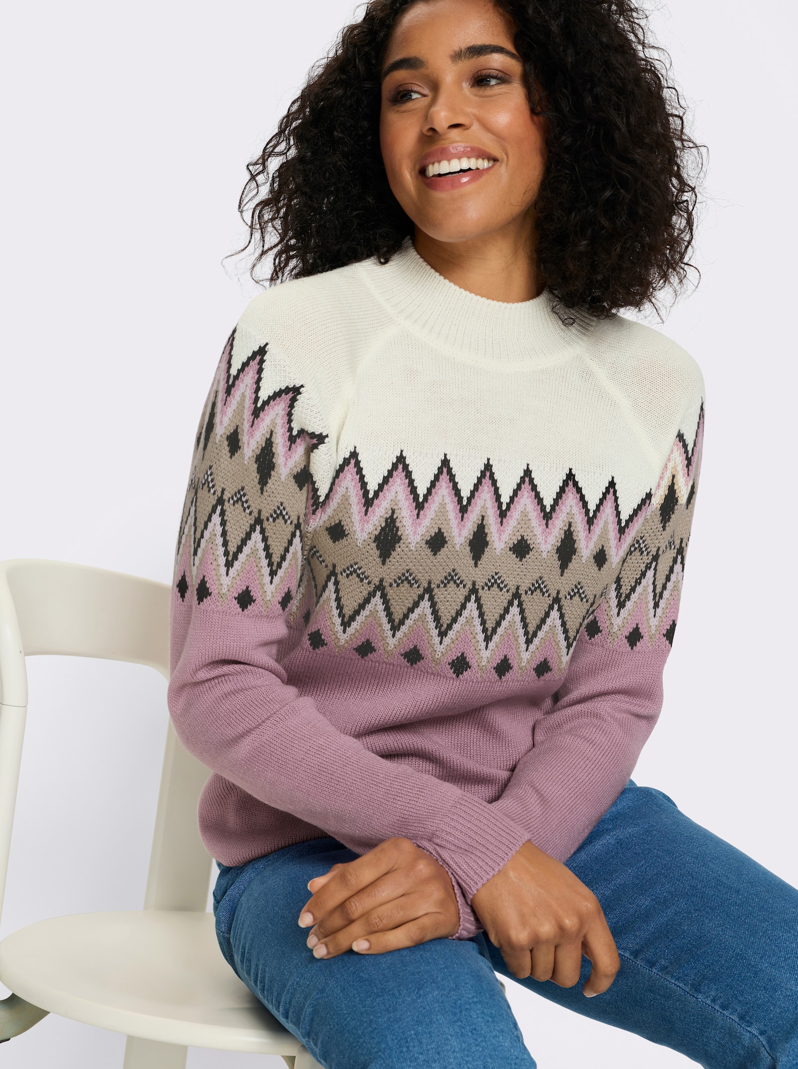 Langarm-Pullover mit Norweger-Muster - mauve-beige-gemustert
