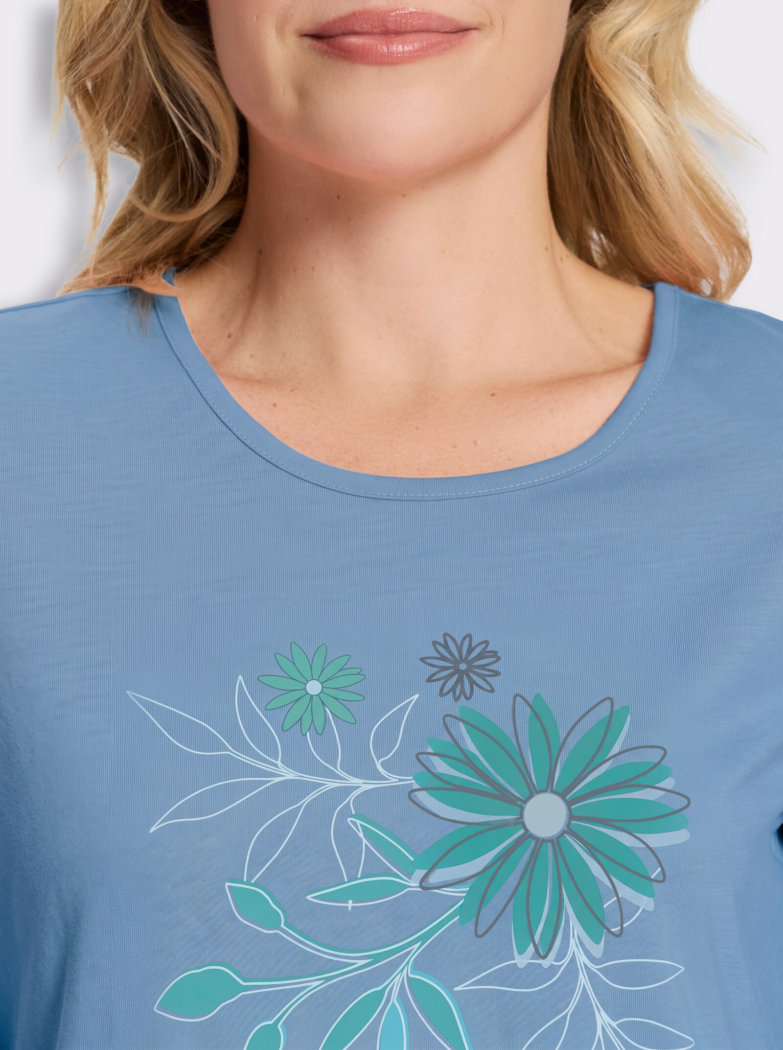 Kurzarmshirt mit Büten-Motiv - himmelblau-ozean