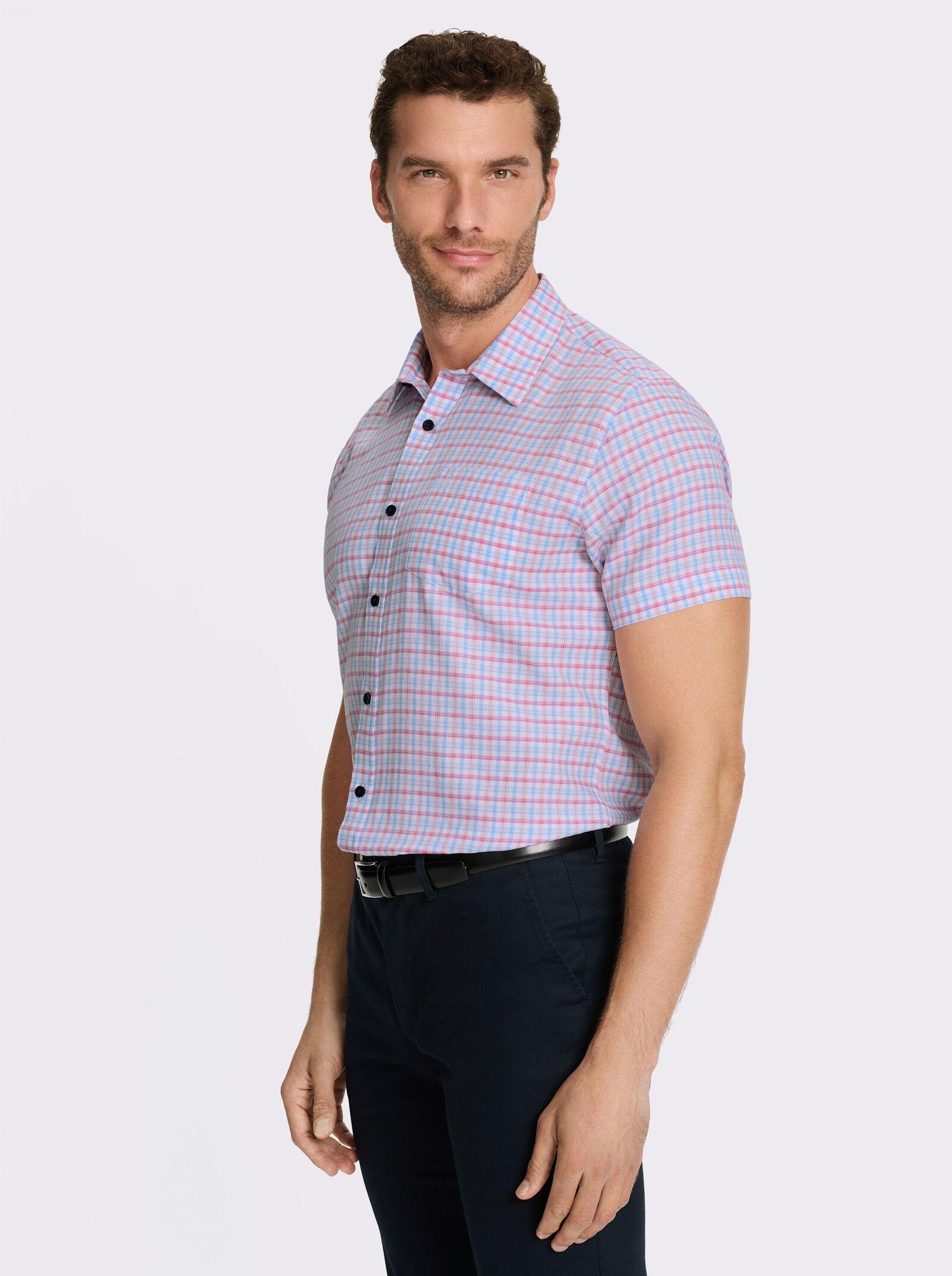 Marco Donati Kurzarmhemd , bügelfrei - himmelblau-fuchsia-kariert