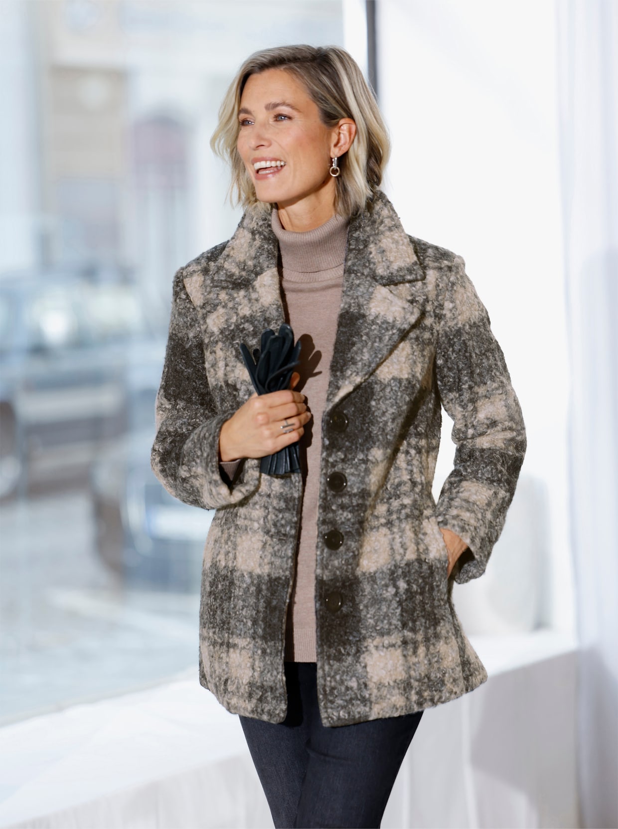 Boucléjack met ruitpatroon - zwart/sesam geruit