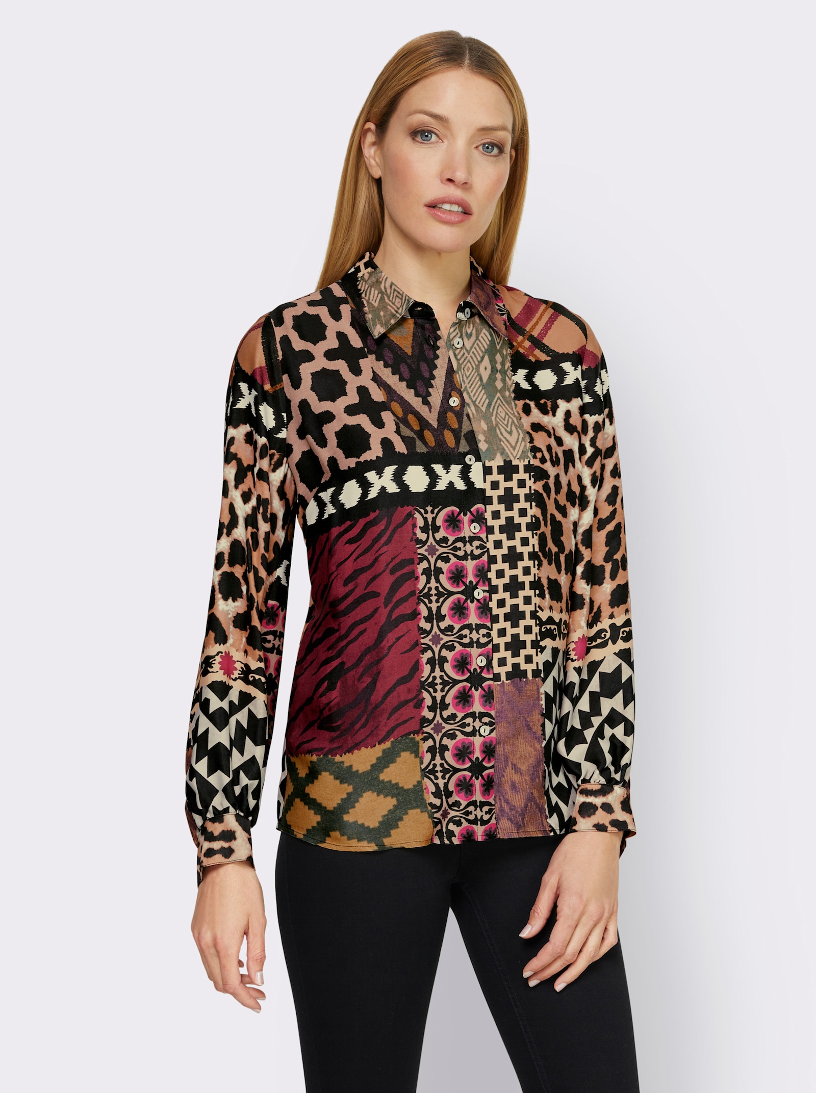 heine Satijnen blouse met overhemdkraag - zwart/bordeaux bedrukt