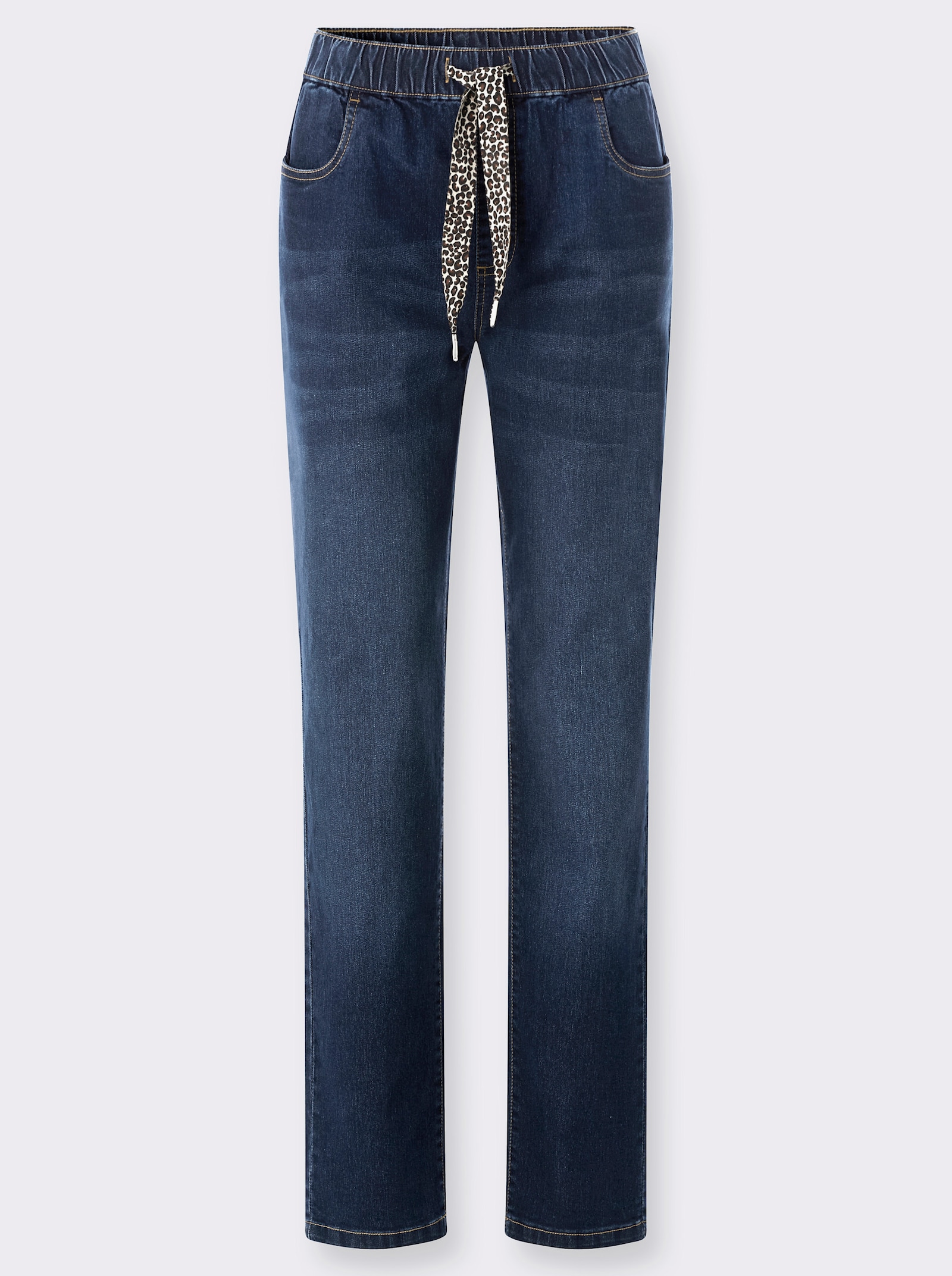 Schlupfjeans mit Bindeband im Leo-Dessin - blue-stone-washed