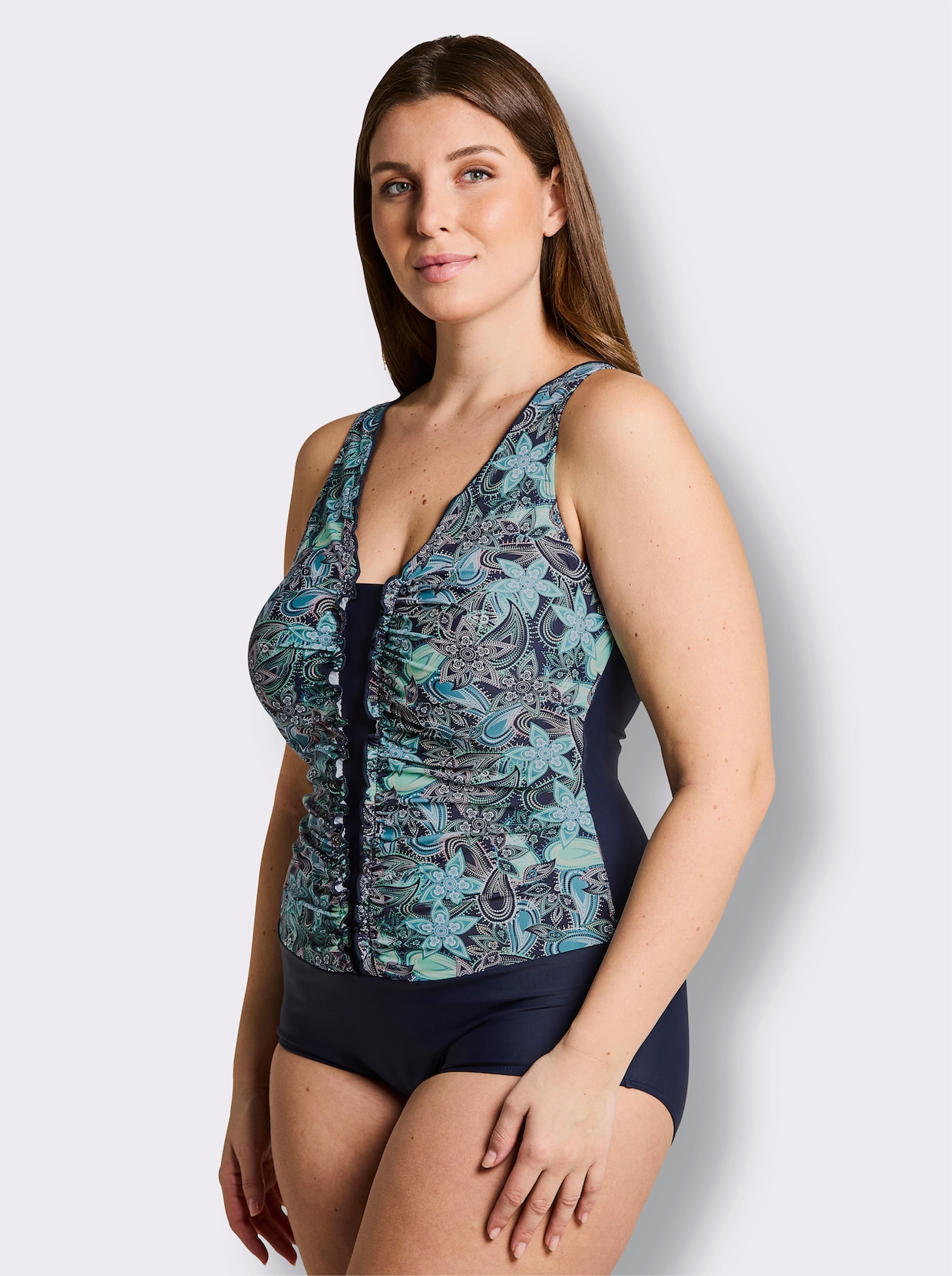 feel good Badeanzug mit Raffungen - marine-smaragd-bedruckt