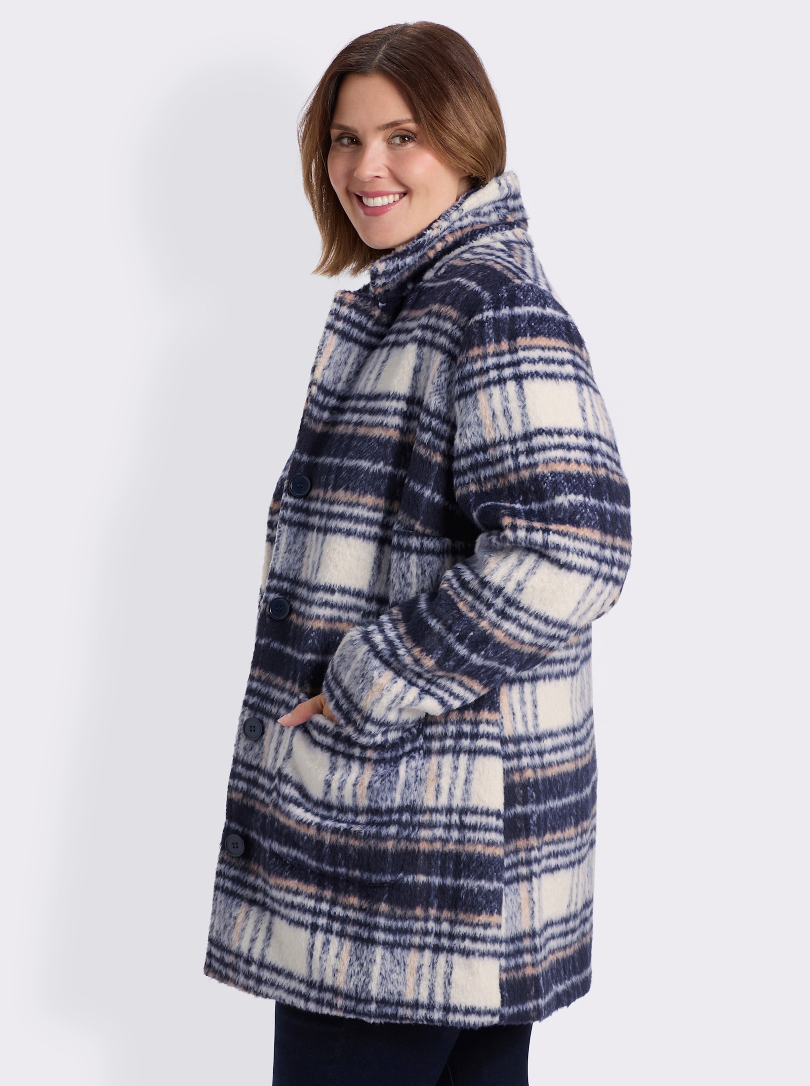 Longjacke für normale Wintertemperaturen - marine-champagner-kariert