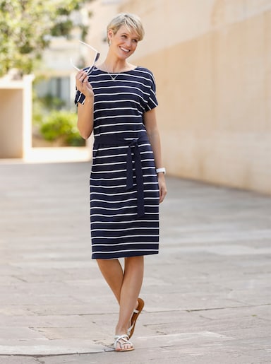 Jerseykleid mit Bindegürtel - marine-weiß-geringelt