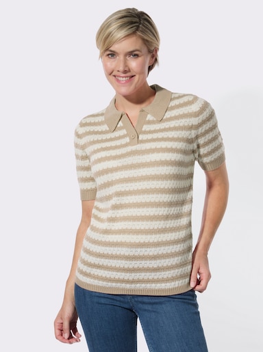 Polopullover mit Ajourmuster - sand-ecru-geringelt