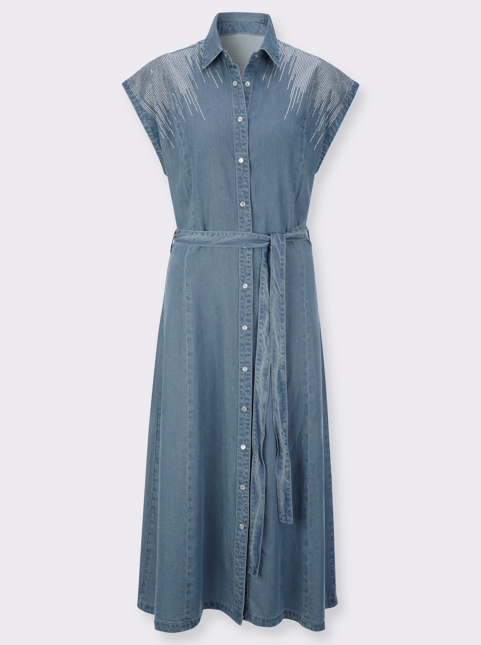 Jeansjurk met glittersteentjes voor en achter - blue-bleached