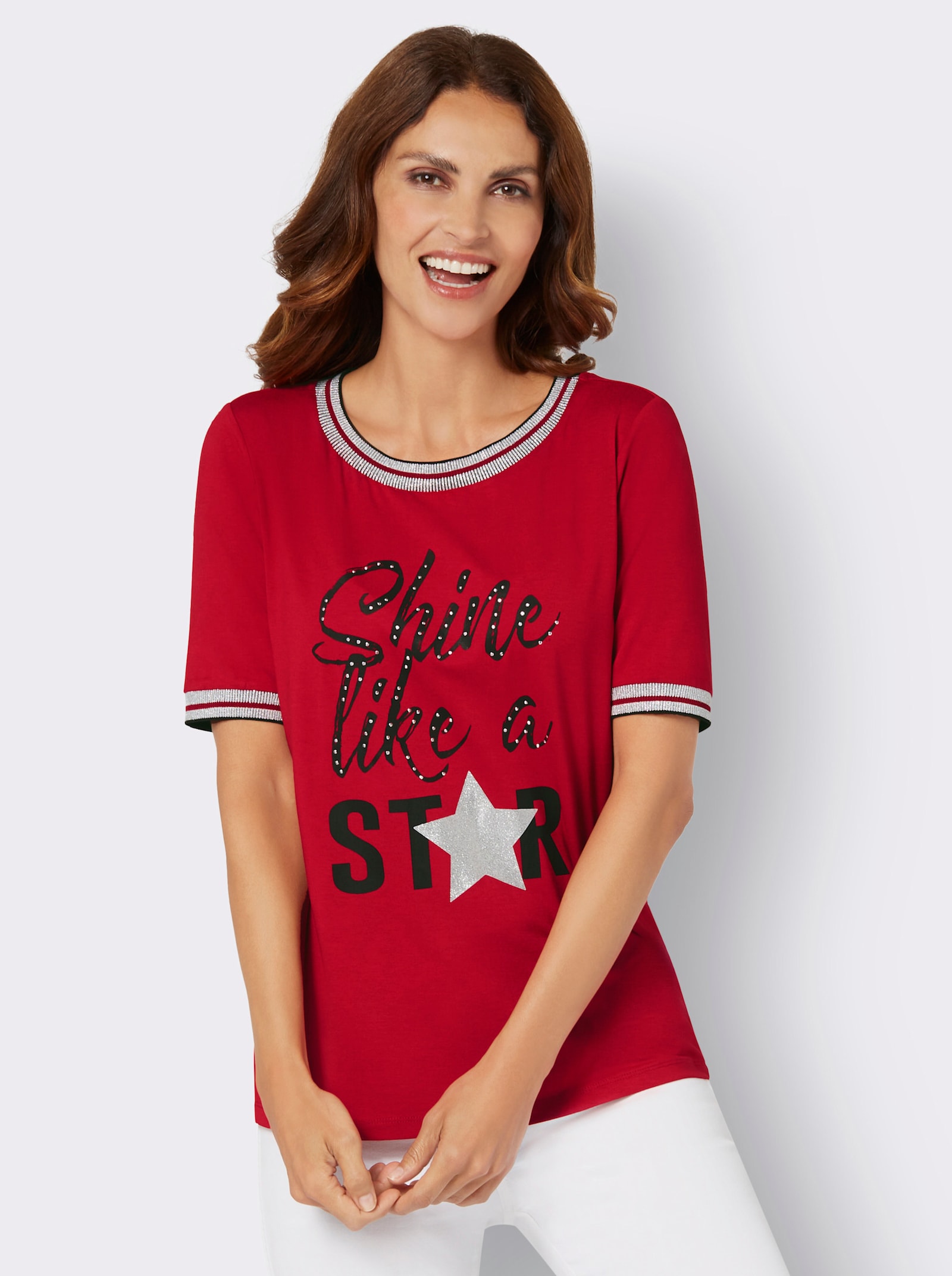 Kurzarmshirt mit Glitzerbündchen - rot-schwarz