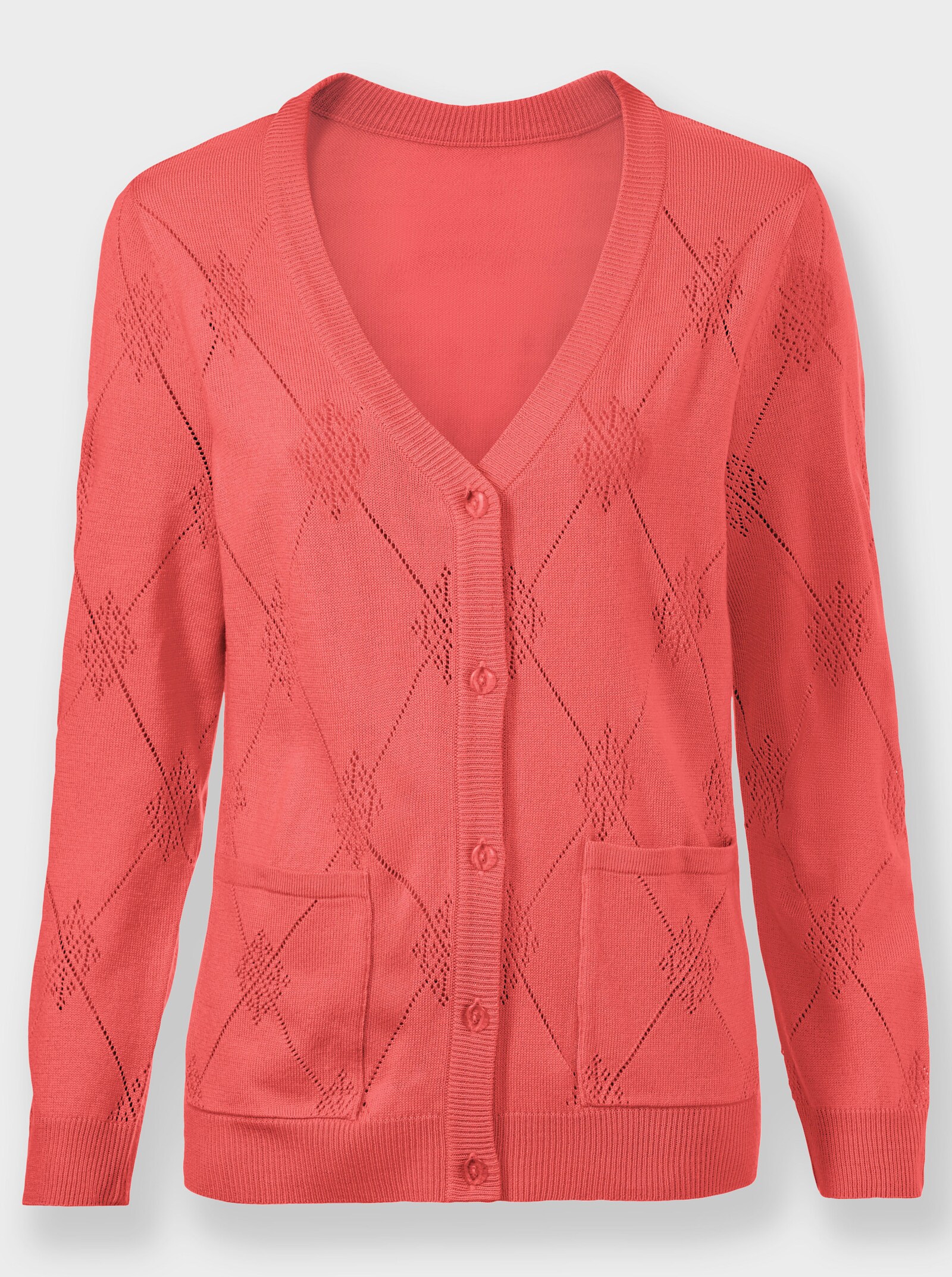 Ajourstrickjacke mit Rautenmuster - koralle