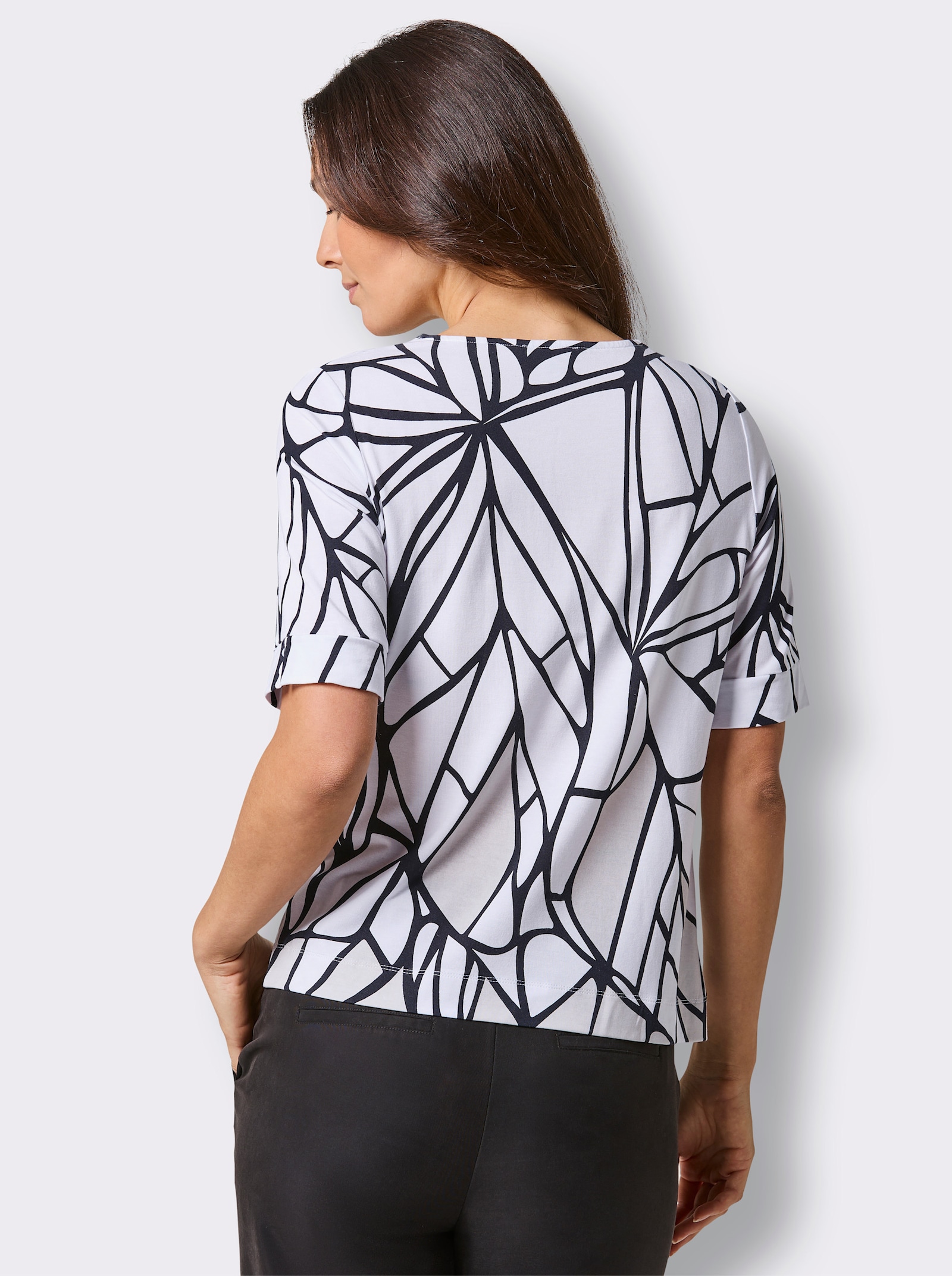 CREATION L PREMIUM V-Shirt mit Schlitz am Ärmel - weiß-schwarz-bedruckt