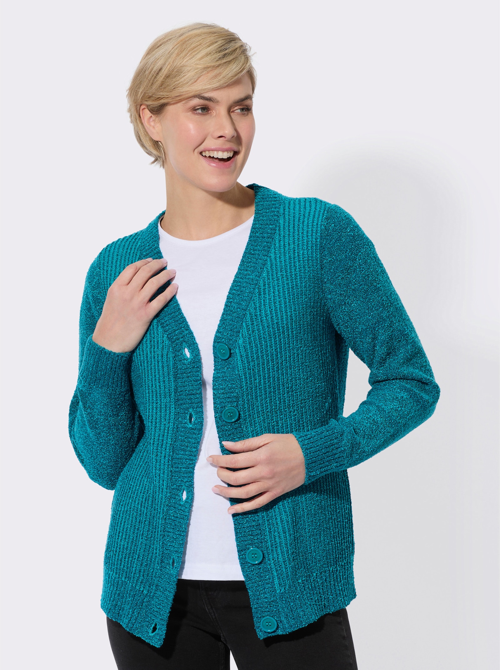 Strickjacke in streckender Ripp-Optik - aquapetrol-türkis-meliert