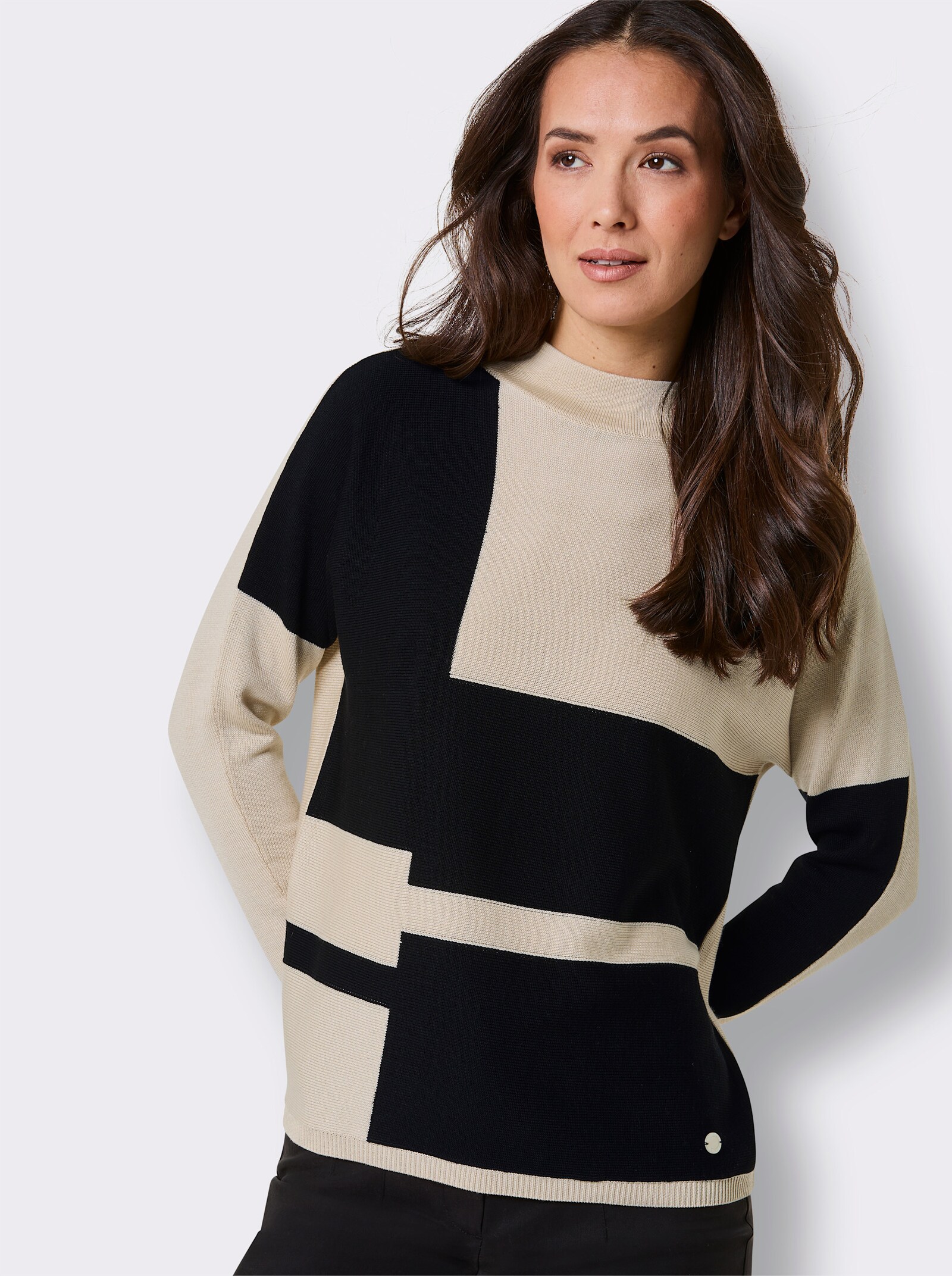 CREATION L PREMIUM Stehkragenpullover mit Intarsien-Dessin - elfenbein-schwarz-gemustert