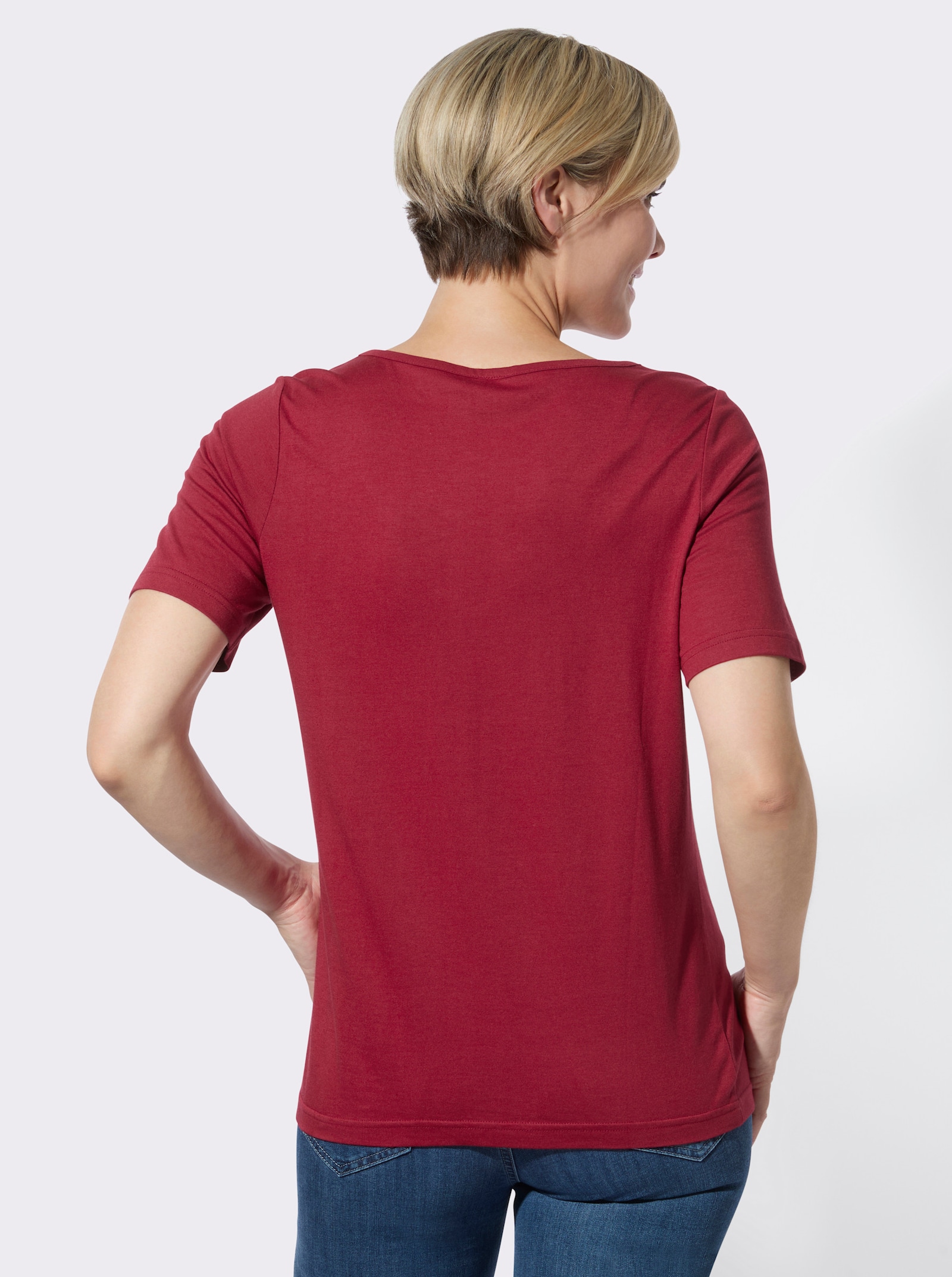 V-Shirt mit Stickereien und Glitzersteinchen - kirsche