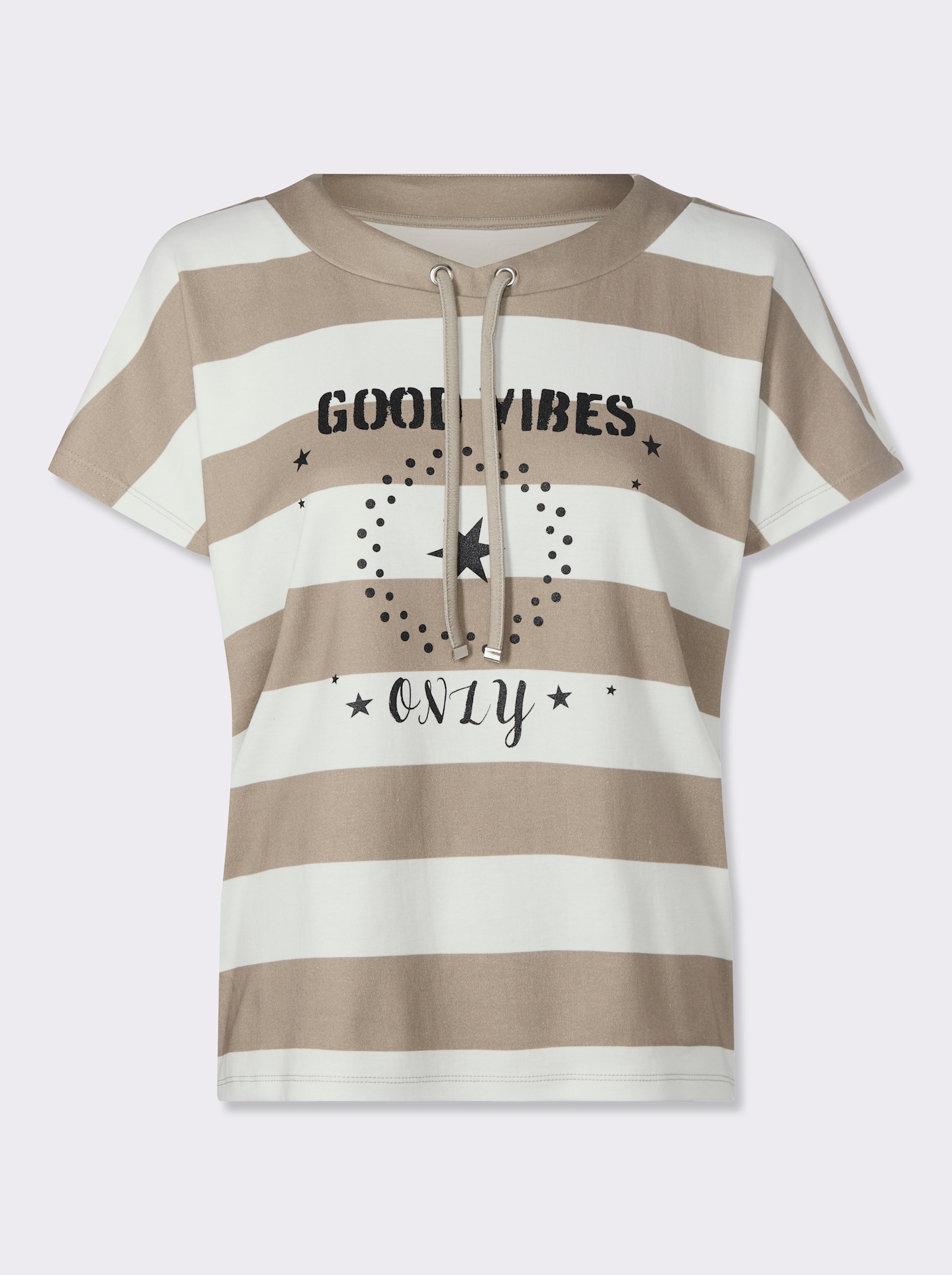 heine T-Shirt mit Glitzerdruck - weiß-sesam-geringelt