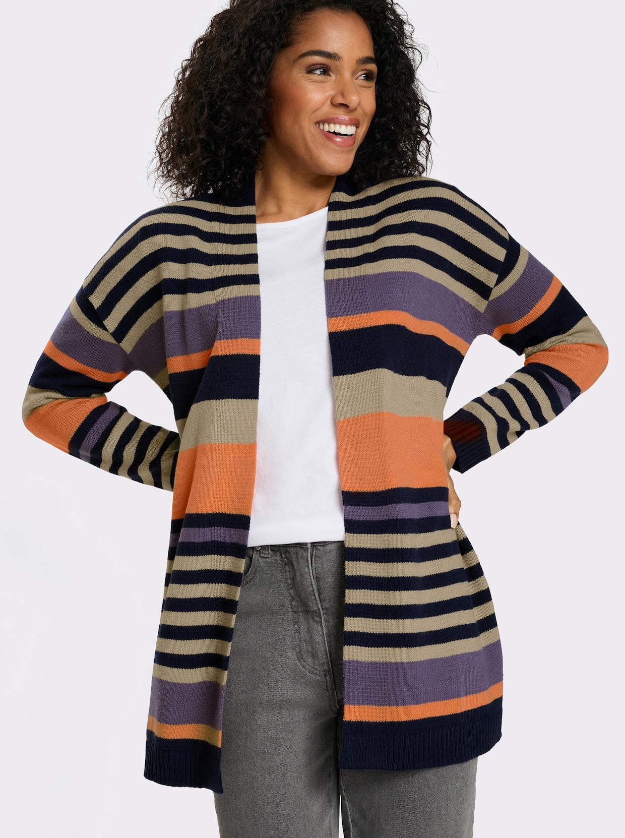 Lang vest in open model - marine/sesam gestreept