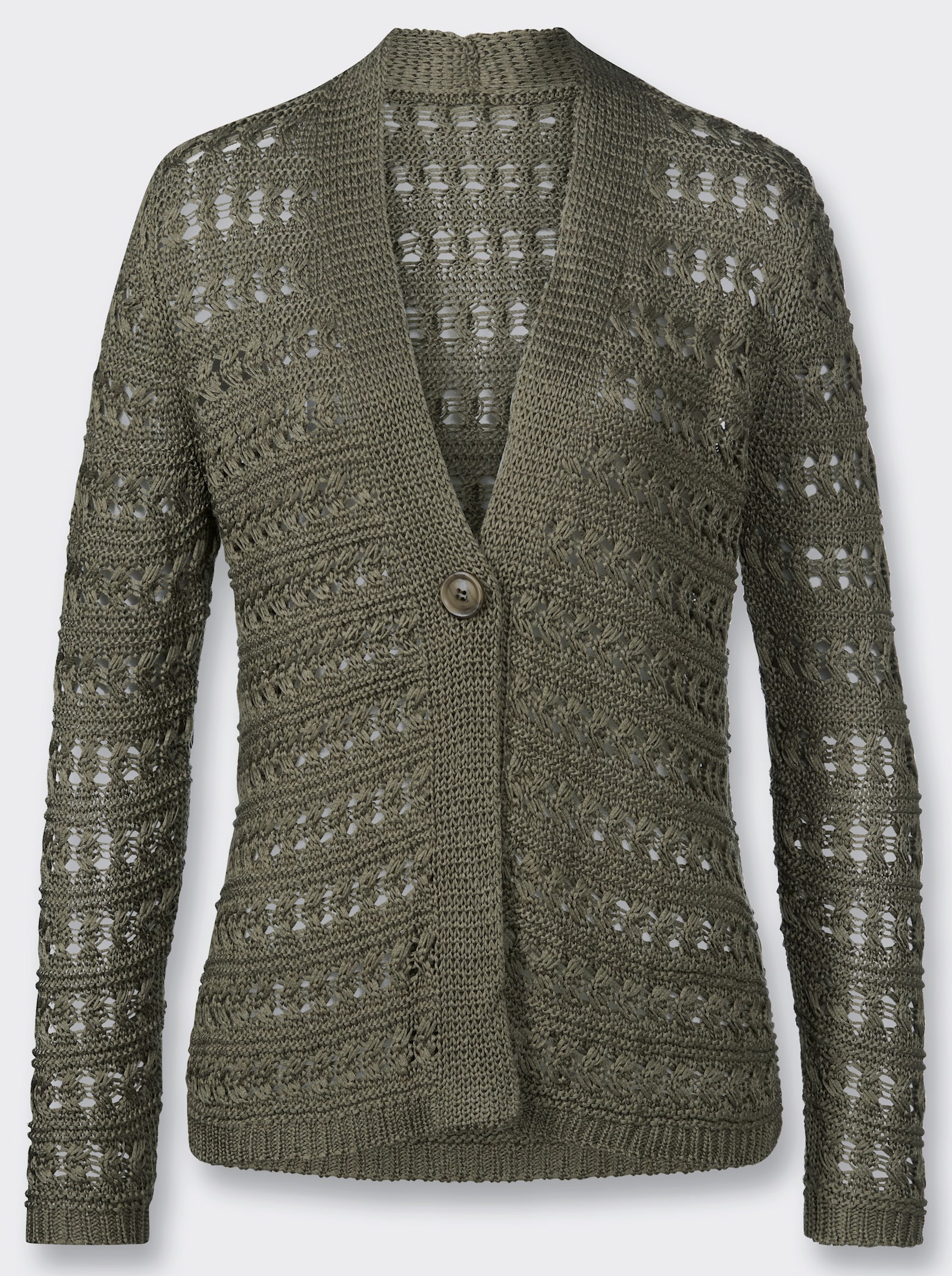 Ajourstrickjacke aus Bändchengarn - khaki