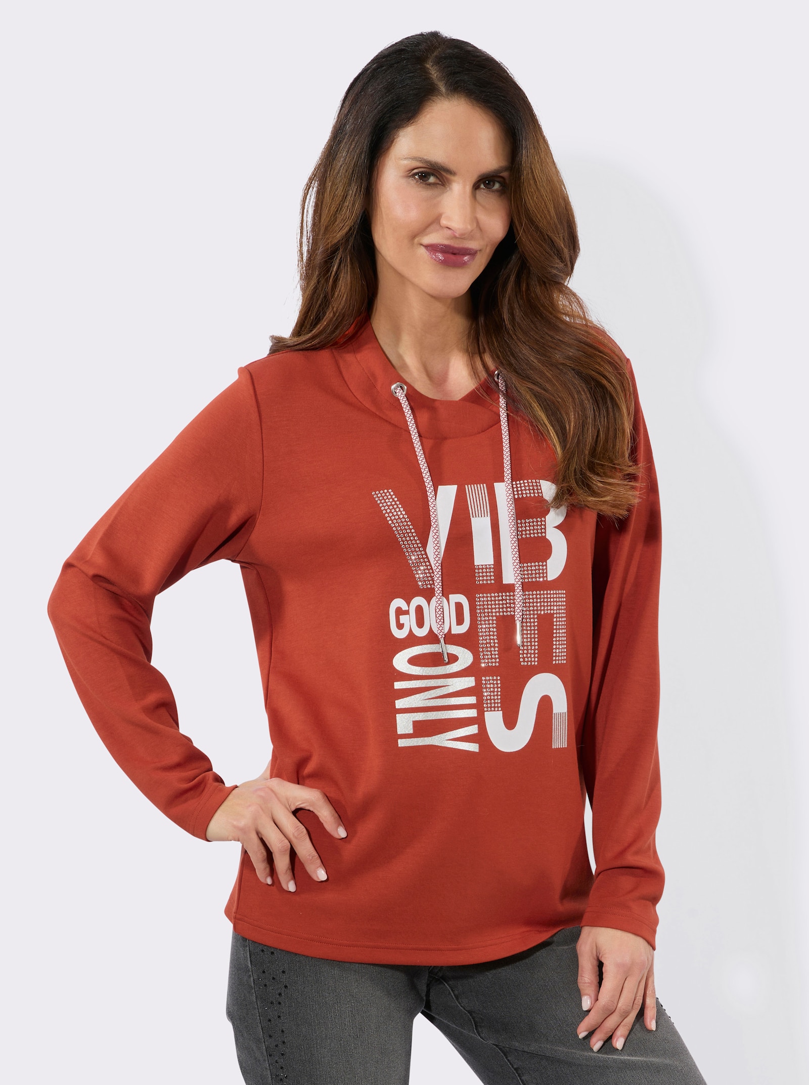 Langarmshirt mit silberfarbigem Print - rostrot