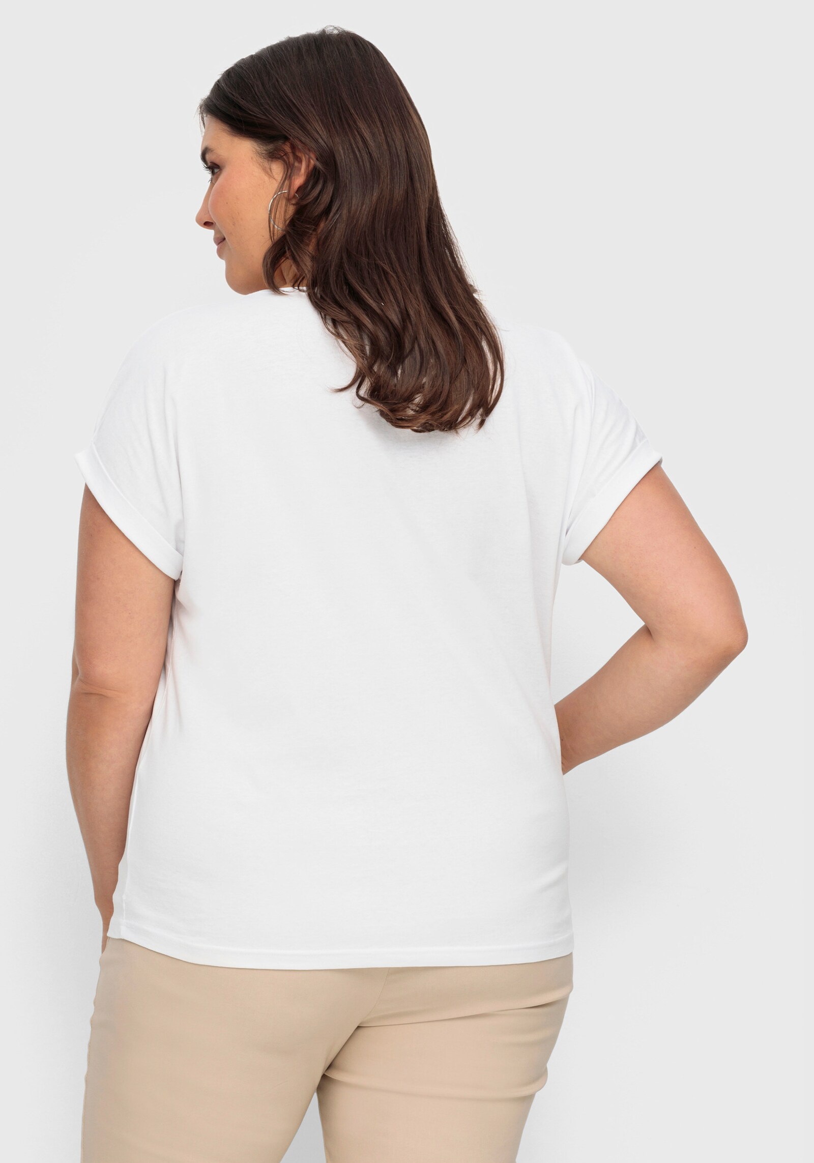 Rundhalsshirt mit Ärmel-Aufschlag - ecru