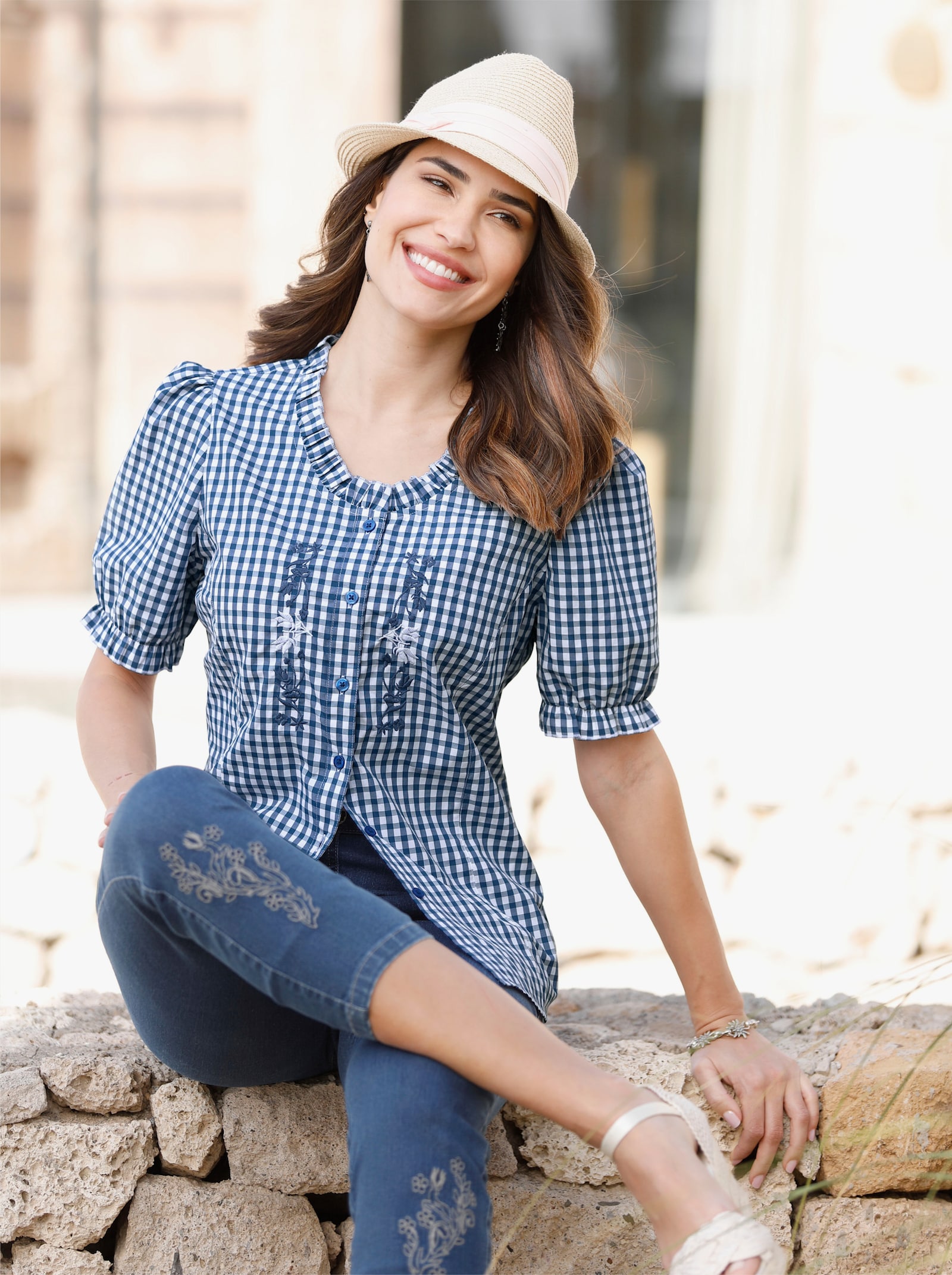 Trachtenbluse mit Stickerei - jeansblau-weiß-kariert