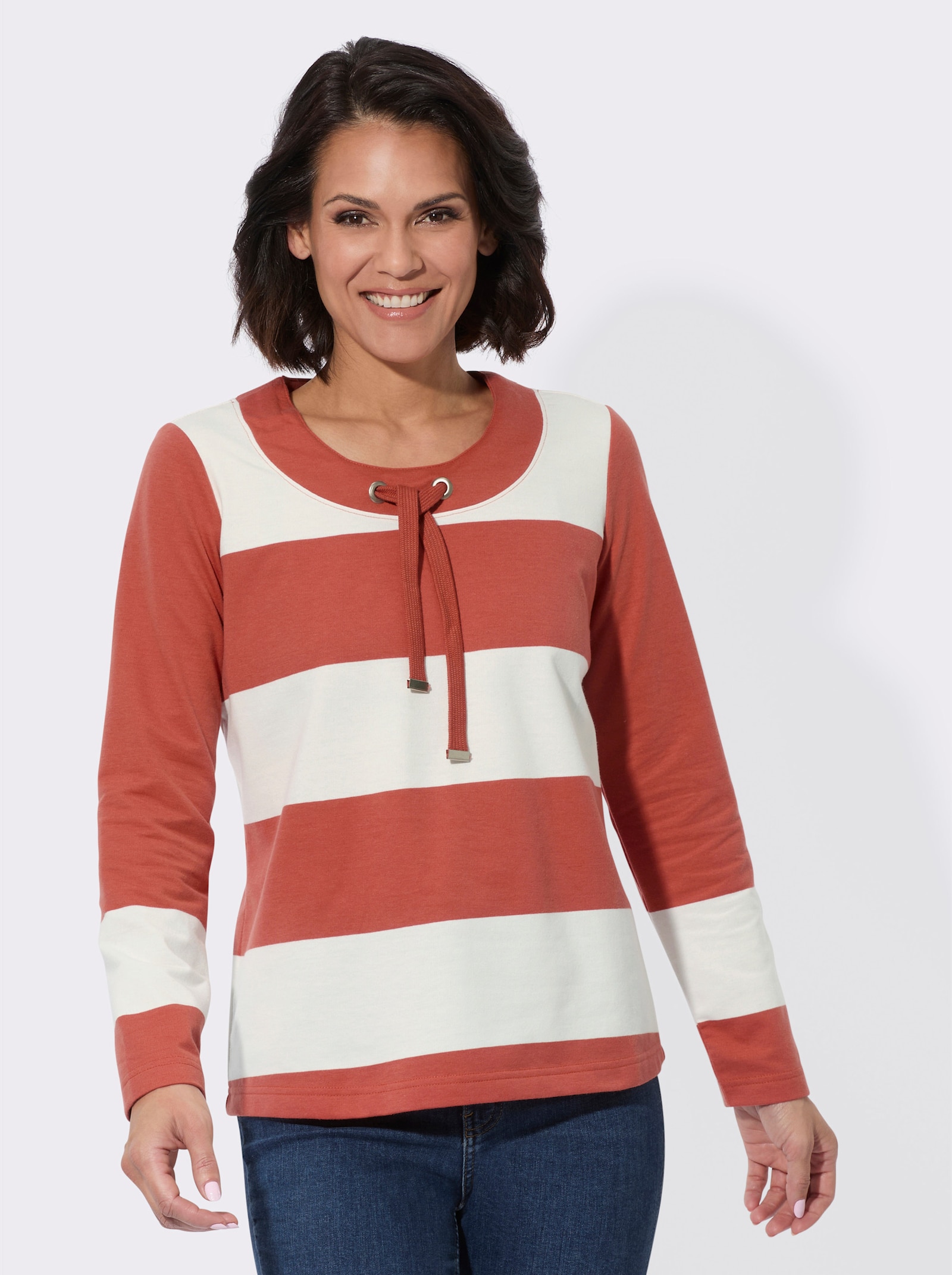 Sweatshirt mit Rundhals und Tunnelzug - terra-ecru-geringelt