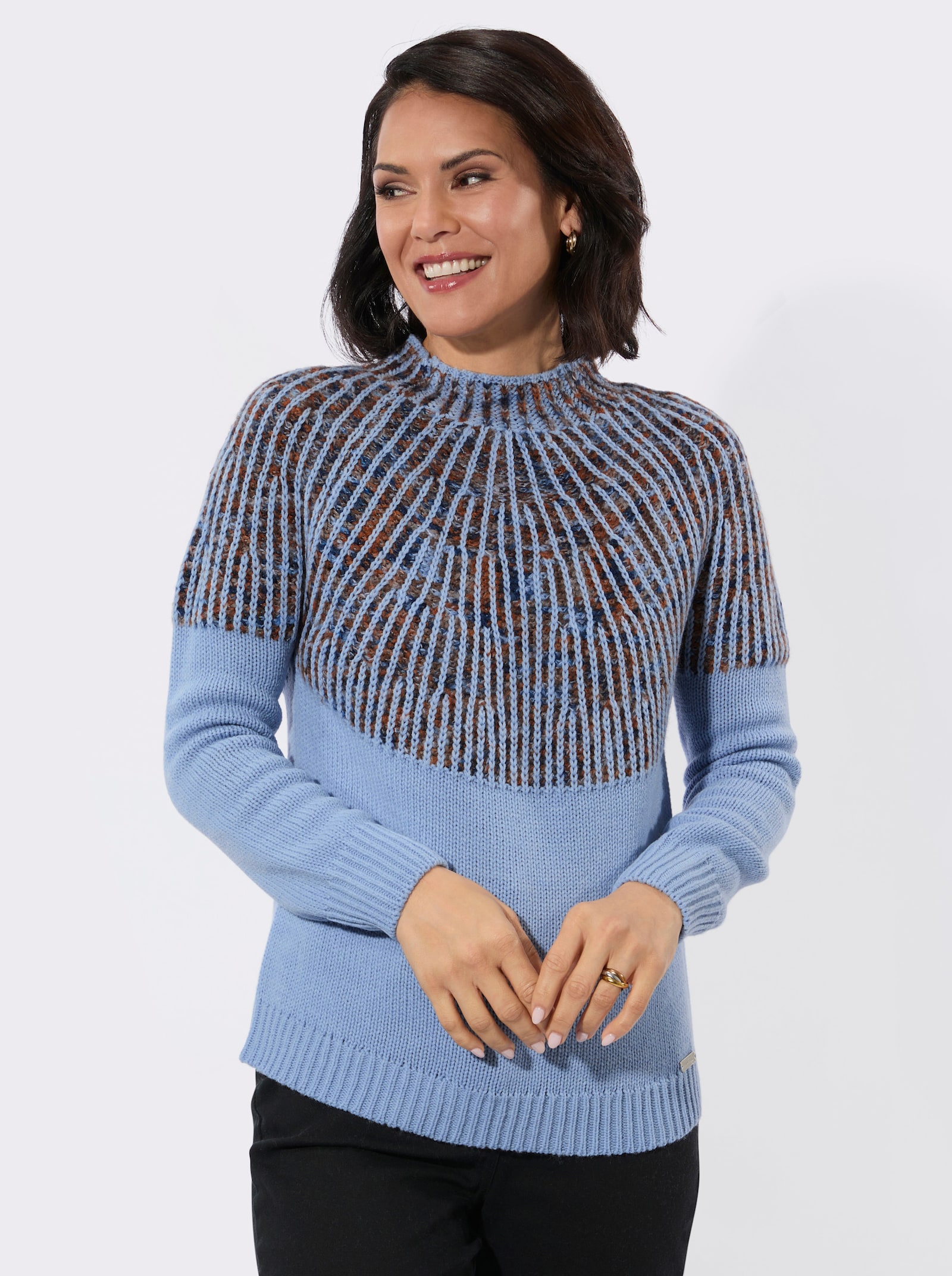Norwegerpullover mit Rippabschlüssen - bleu-cognac-gemustert